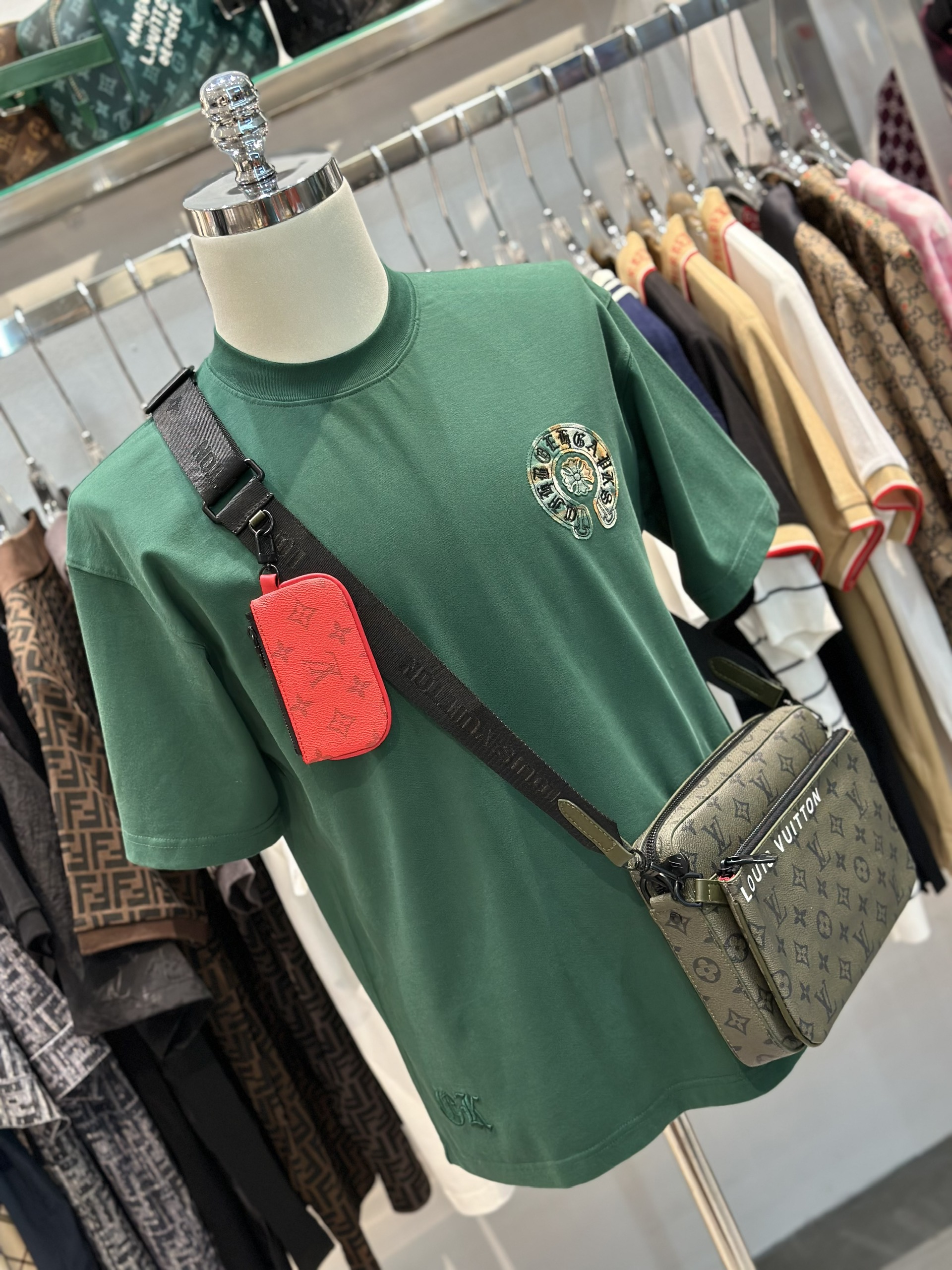 Áo phông T-shirt Chrome Heart CH Xanh rêu logo chữ thập vòng tròn kẻ sọc thêu nổi lưng ngực Like Auth on web VTN