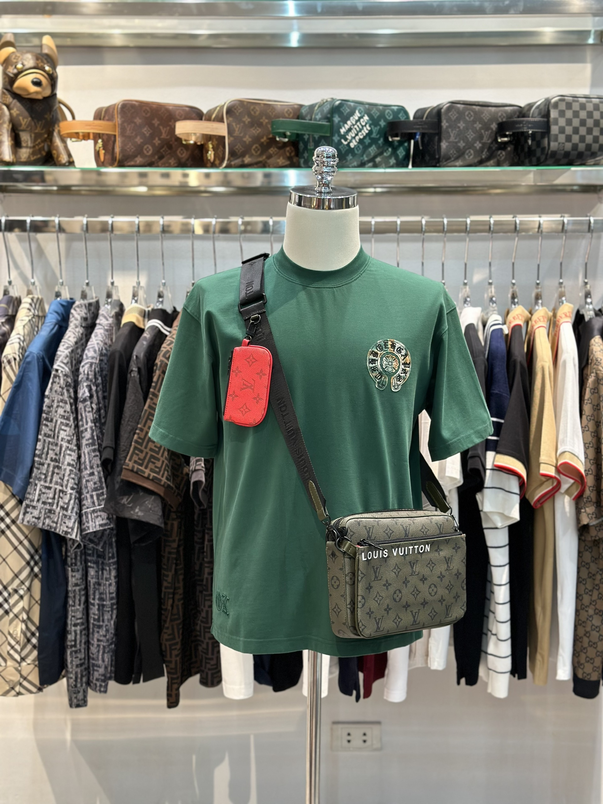 Áo phông T-shirt Chrome Heart CH Xanh rêu logo chữ thập vòng tròn kẻ sọc thêu nổi lưng ngực Like Auth on web VTN