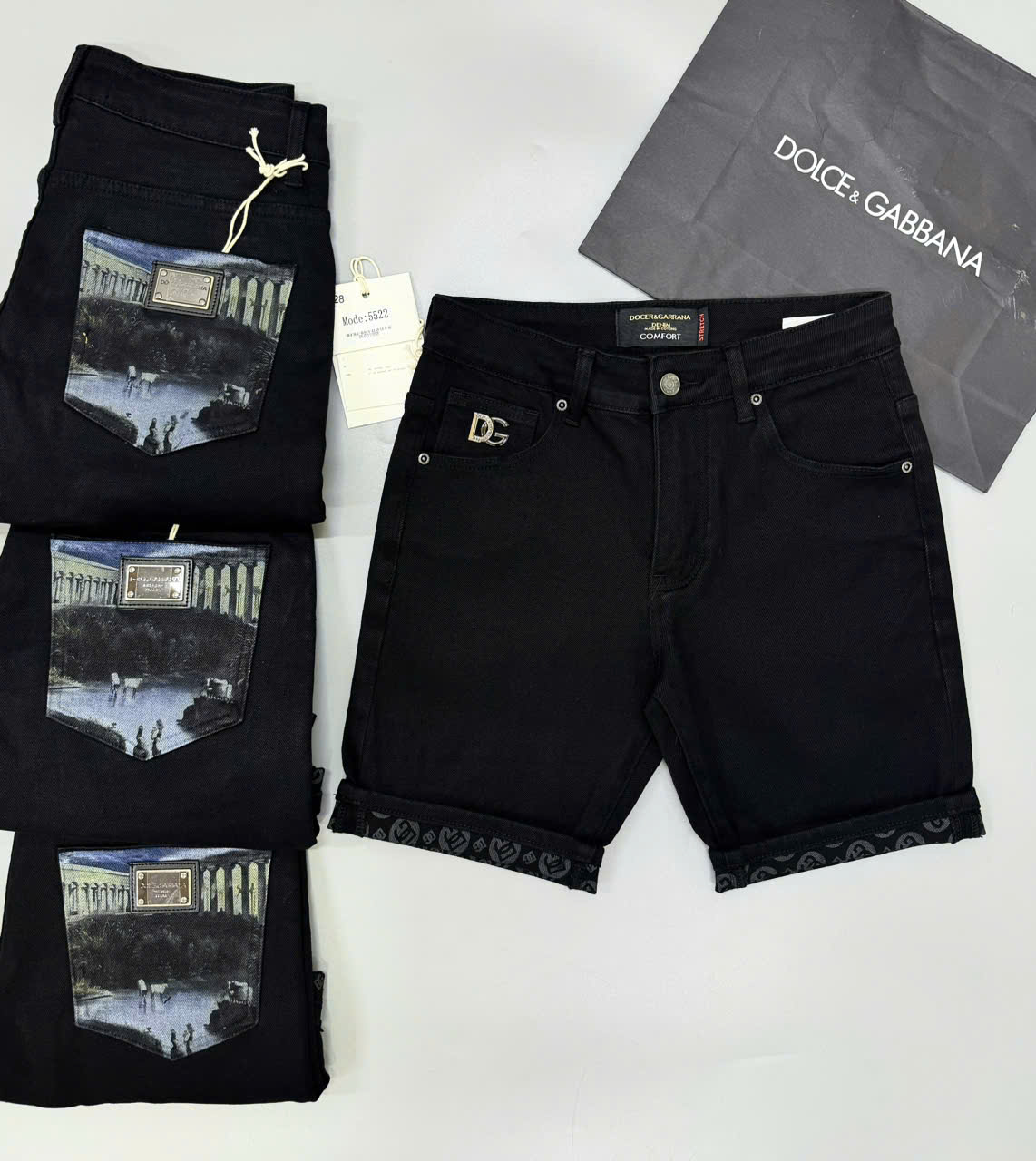 Quần short jean Dolce Gabbana DG Đen họa tiết hồ 3D túi sau Like Auth 1-1 on web CD