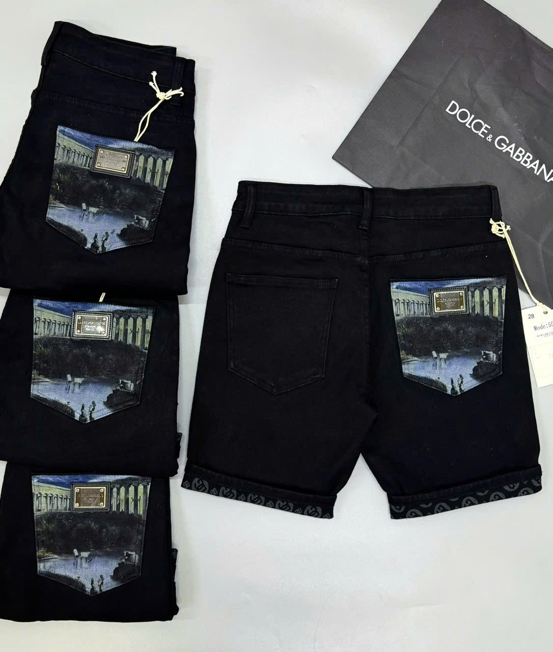 Quần short jean Dolce Gabbana DG Đen họa tiết hồ 3D túi sau Like Auth 1-1 on web CD