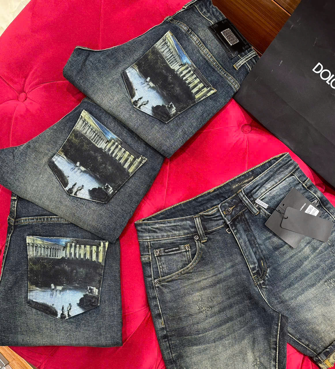 Quần short gió Dolce Gabbana DG Xanh họa tiết hồ 3D túi sau Like Auth 1-1 on web CD