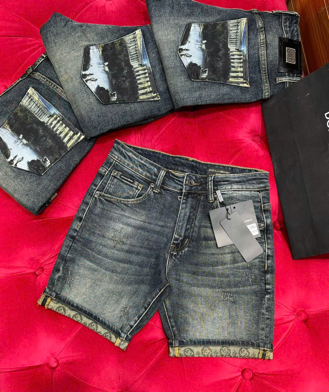 Quần short gió Dolce Gabbana DG Xanh họa tiết hồ 3D túi sau Like Auth 1-1 on web CD