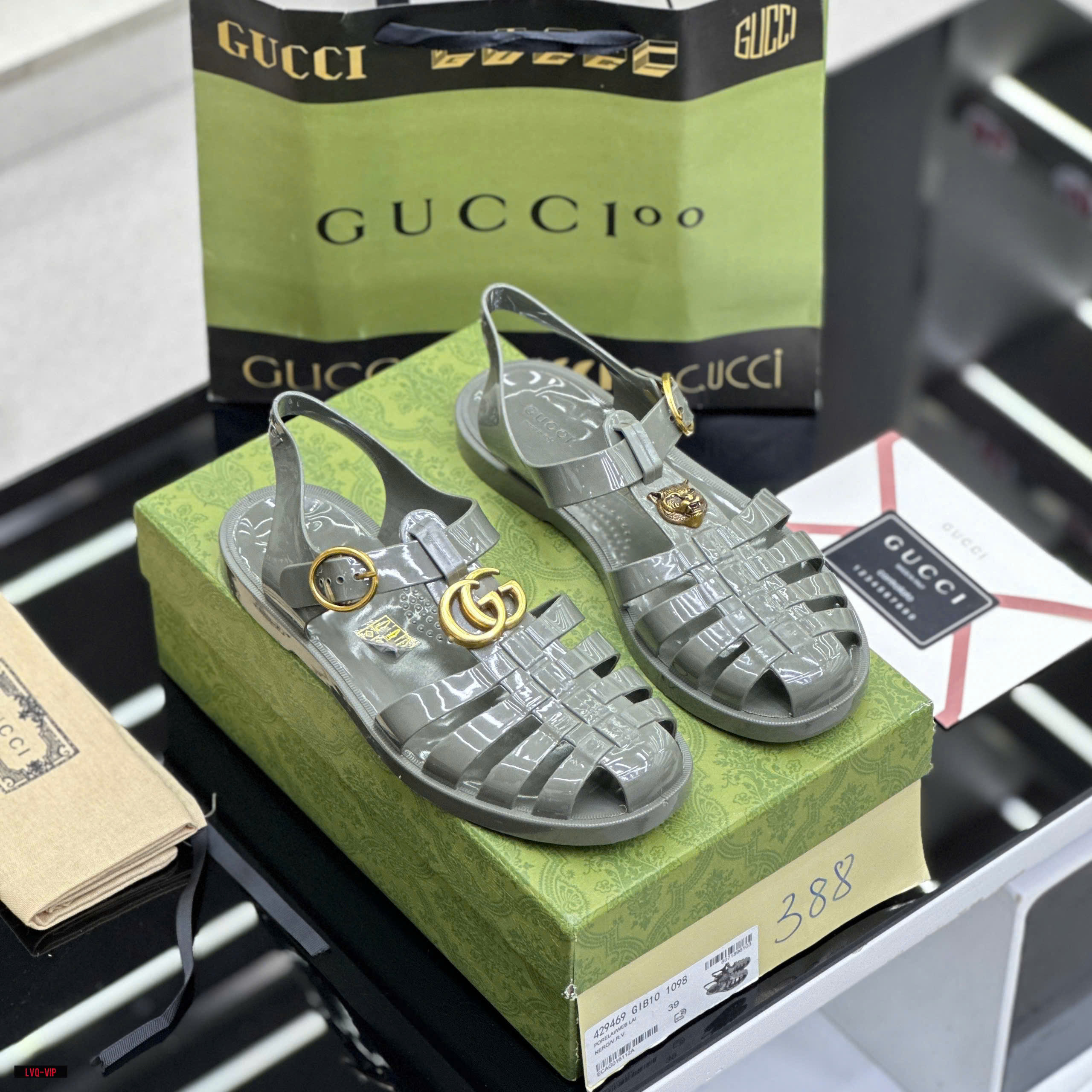 Dép rọ sandal Gucci GC Xanh bóng logo chữ Hổ Vàng Like Auth on web fullbox bill thẻ LVQ