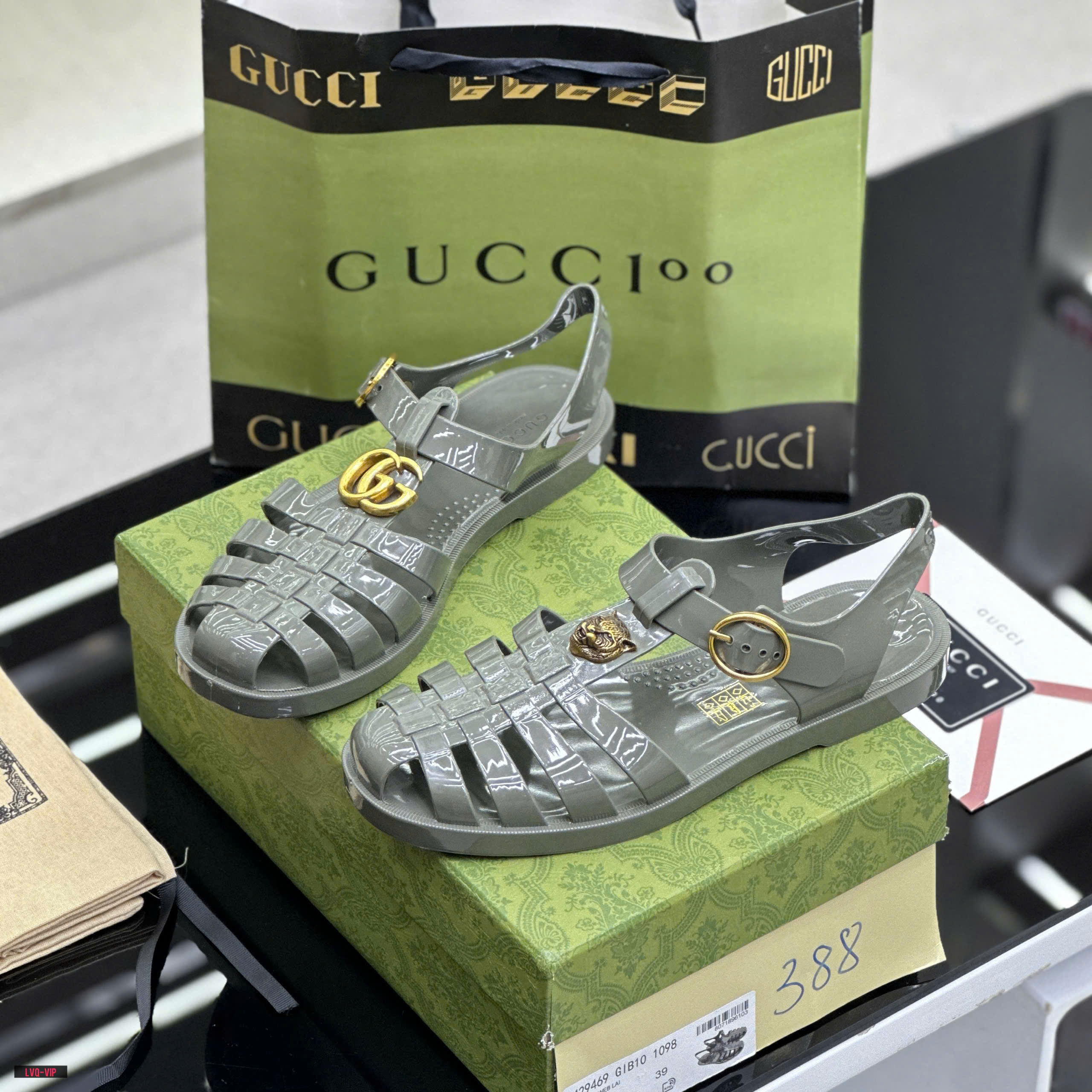 Dép rọ sandal Gucci GC Xanh bóng logo chữ Hổ Vàng Like Auth on web fullbox bill thẻ LVQ