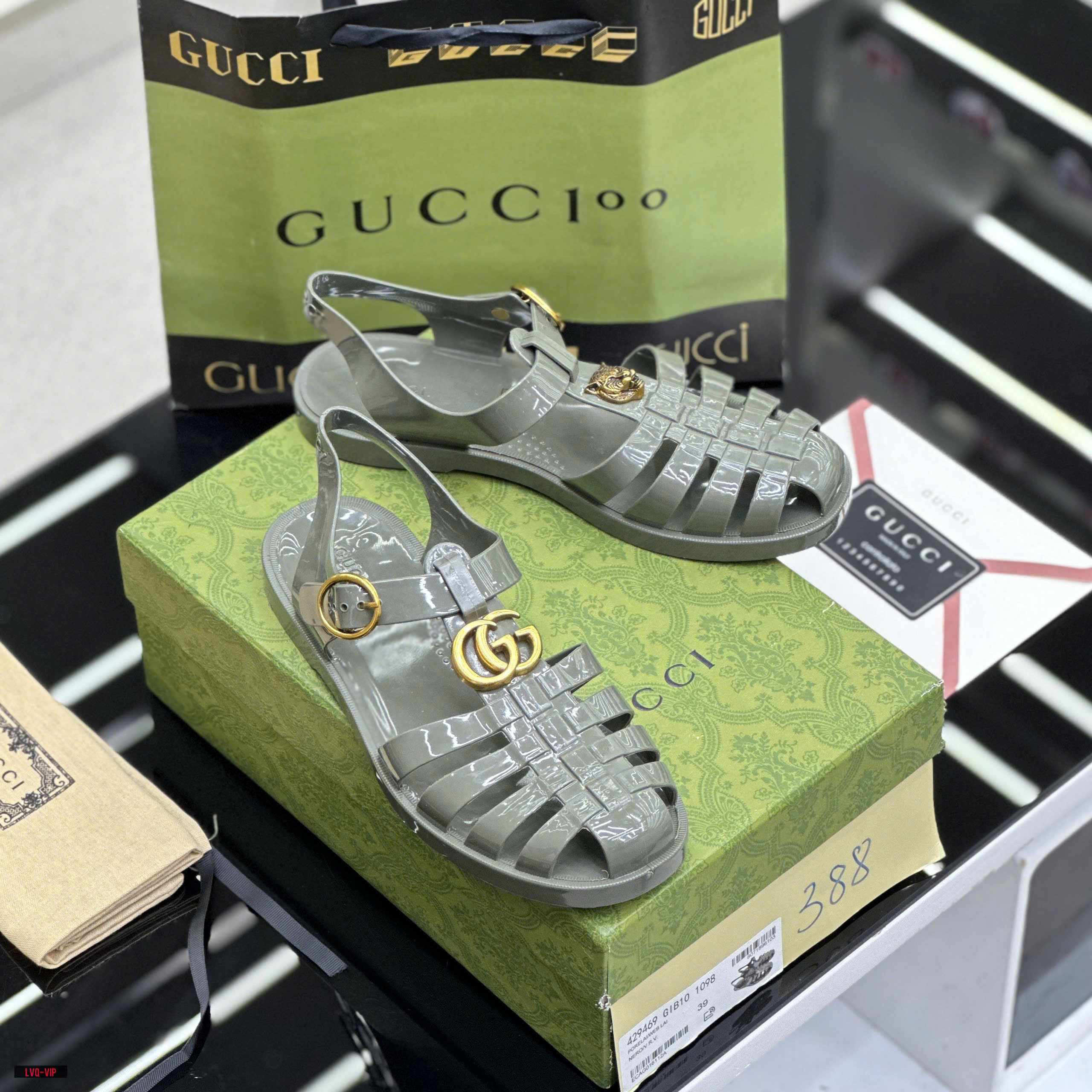 Dép rọ sandal Gucci GC Xanh bóng logo chữ Hổ Vàng Like Auth on web fullbox bill thẻ LVQ