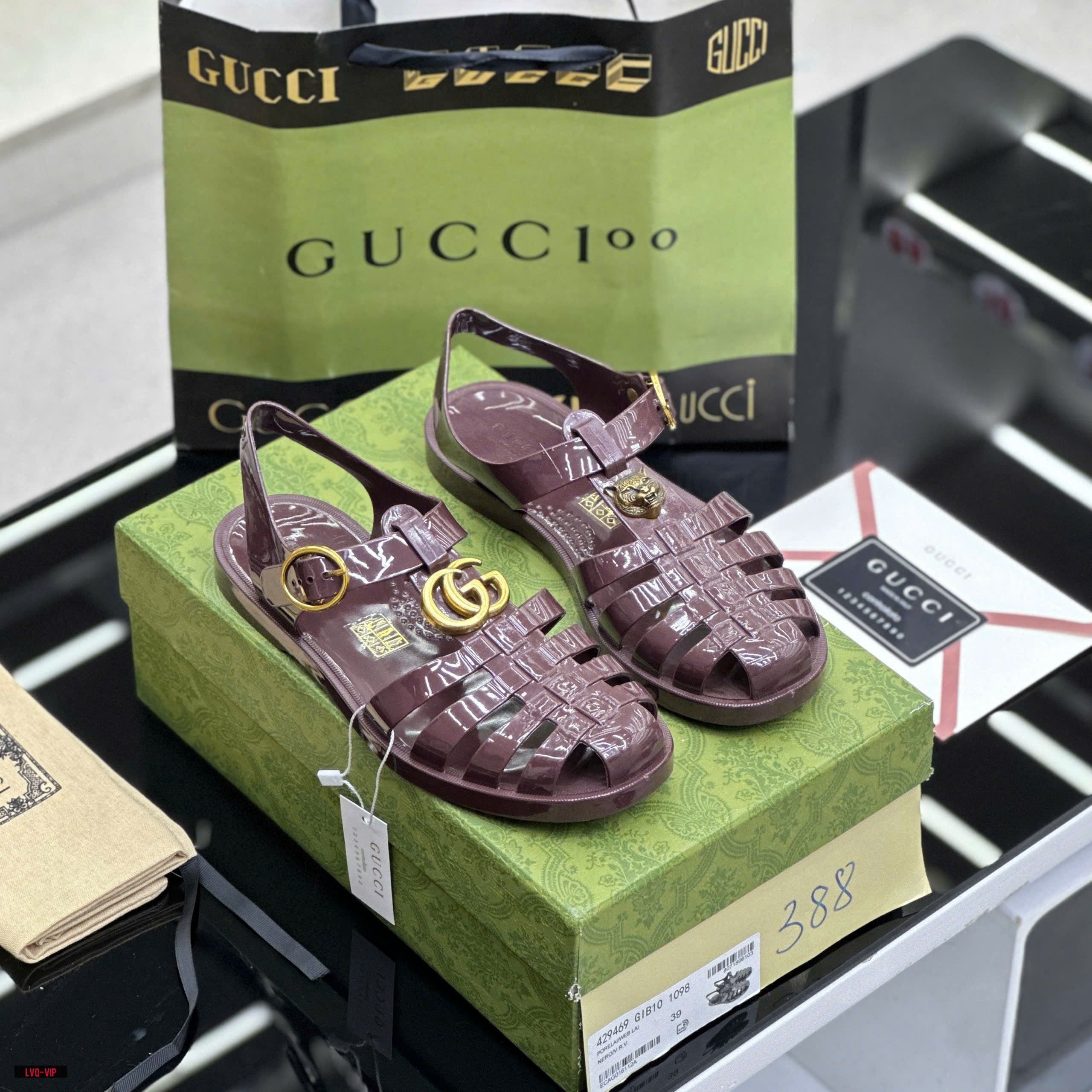 Dép rọ sandal Gucci GC Đỏ bóng logo chữ Hổ Vàng Like Auth on web fullbox bill thẻ LVQ