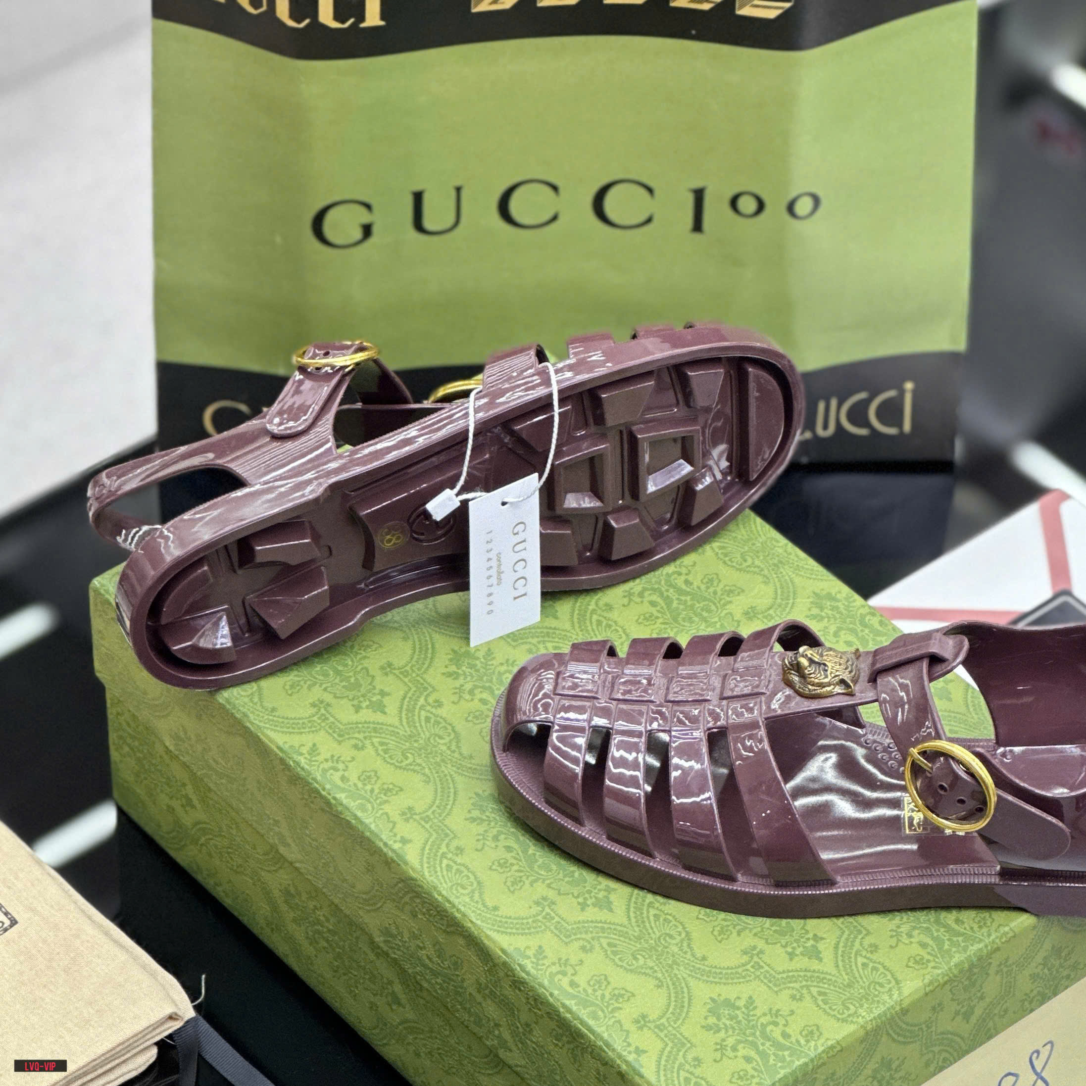 Dép rọ sandal Gucci GC Đỏ bóng logo chữ Hổ Vàng Like Auth on web fullbox bill thẻ LVQ