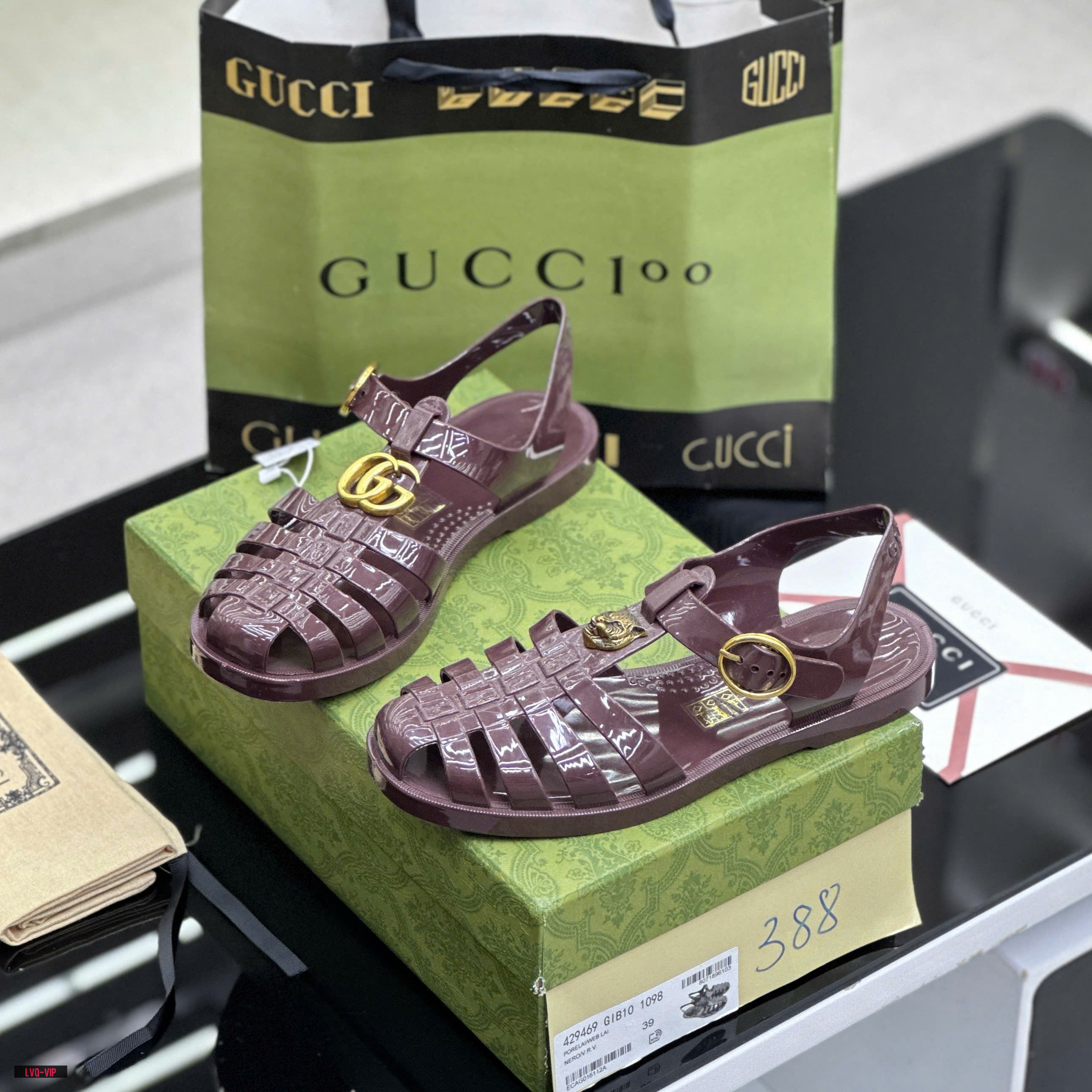 Dép rọ sandal Gucci GC Đỏ bóng logo chữ Hổ Vàng Like Auth on web fullbox bill thẻ LVQ