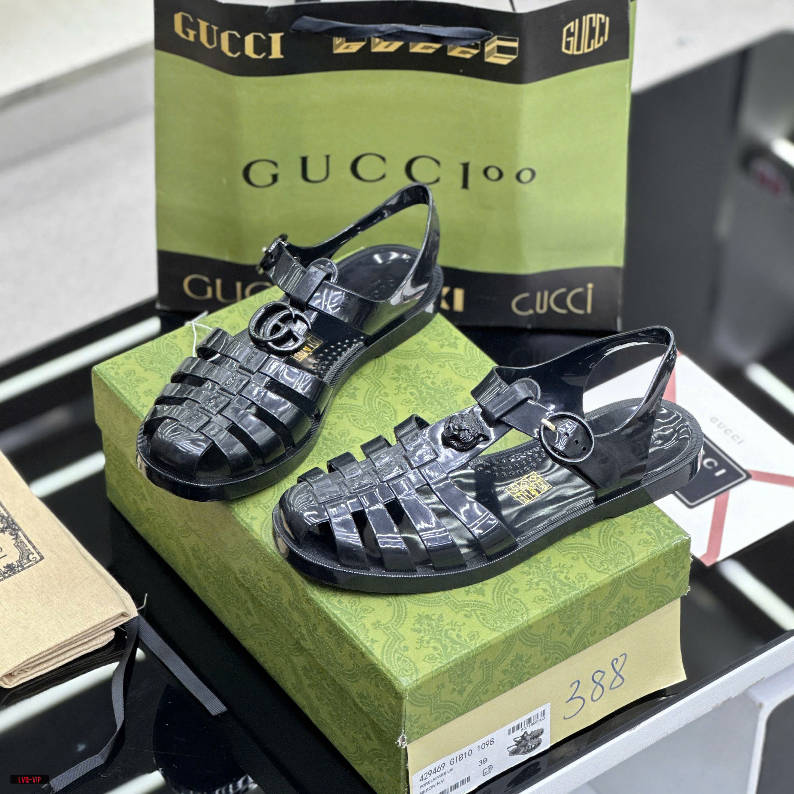 Dép rọ sandal Gucci GC Đen bóng logo chữ Hổ Đen Like Auth on web fullbox bill thẻ LVQ