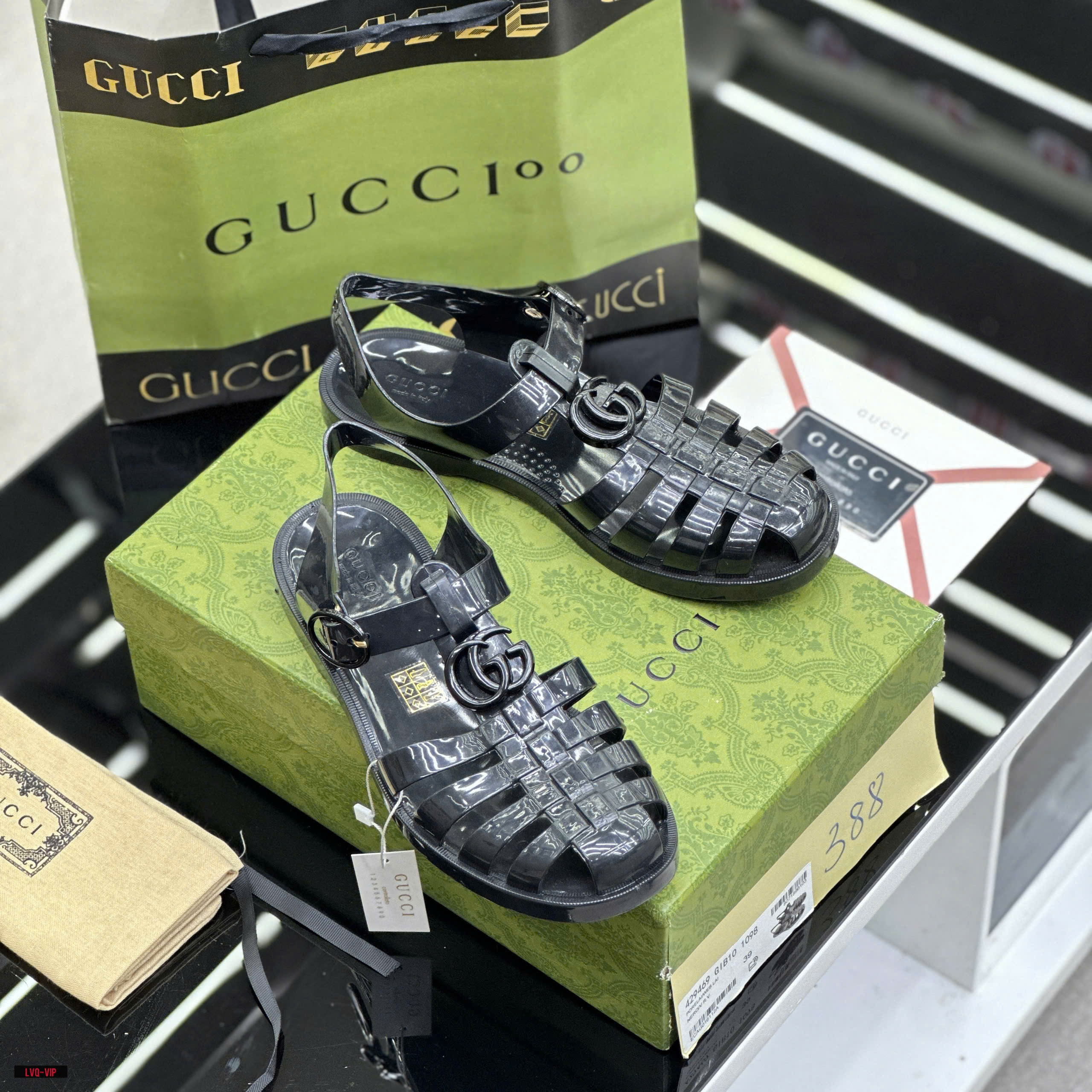 Dép rọ sandal Gucci GC Đen bóng logo chữ Like Auth on web fullbox bill thẻ LVQ