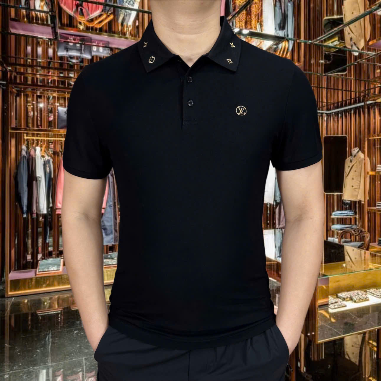Áo polo Louis Vuitton LV logo hoa vân thêu cổ ngực Like Auth 1-1 on web MK