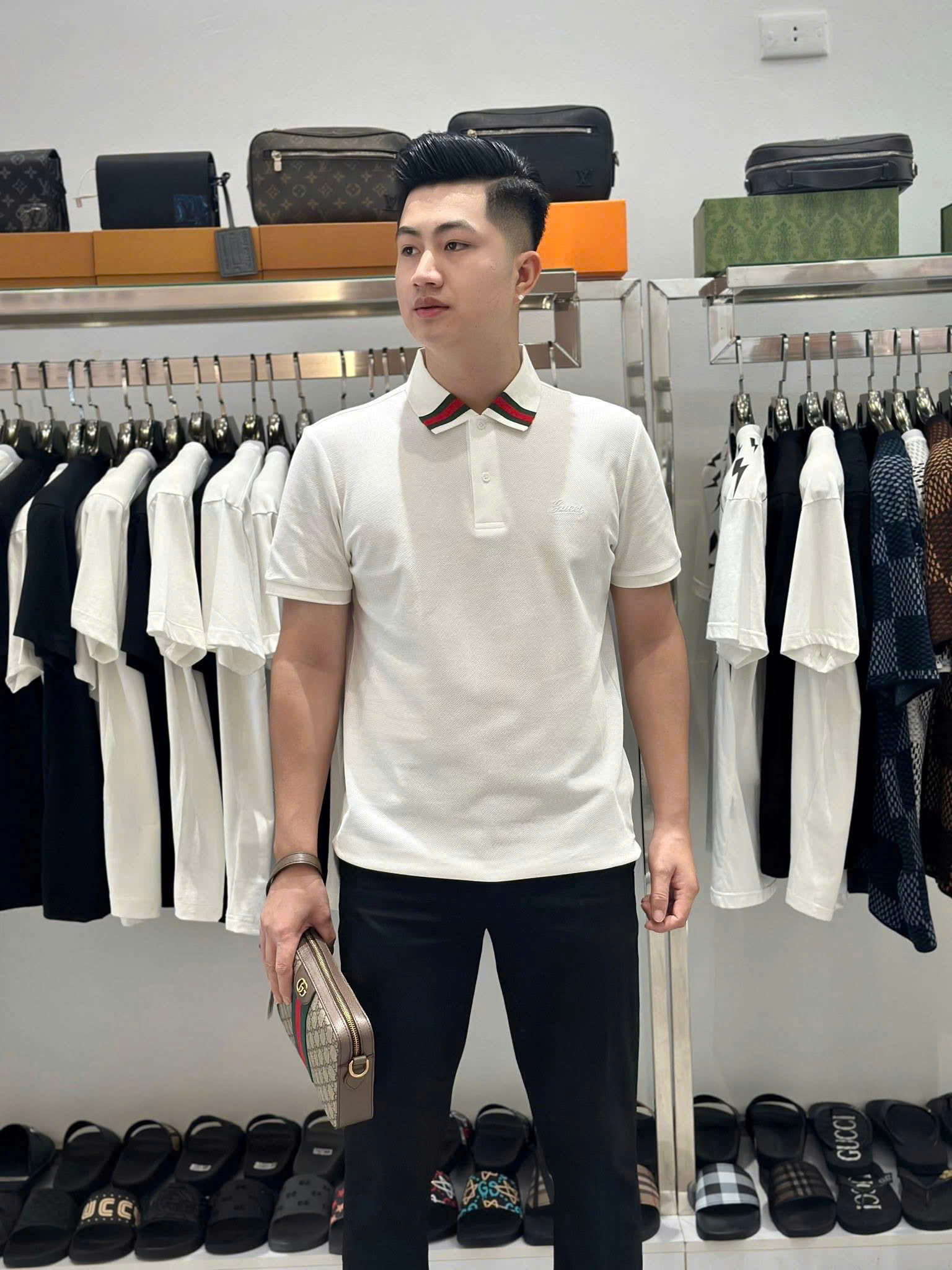 Áo polo Gucci GC trơn phối kẻ sọc Xanh Đỏ cổ Like Auth 1-1 on web MK