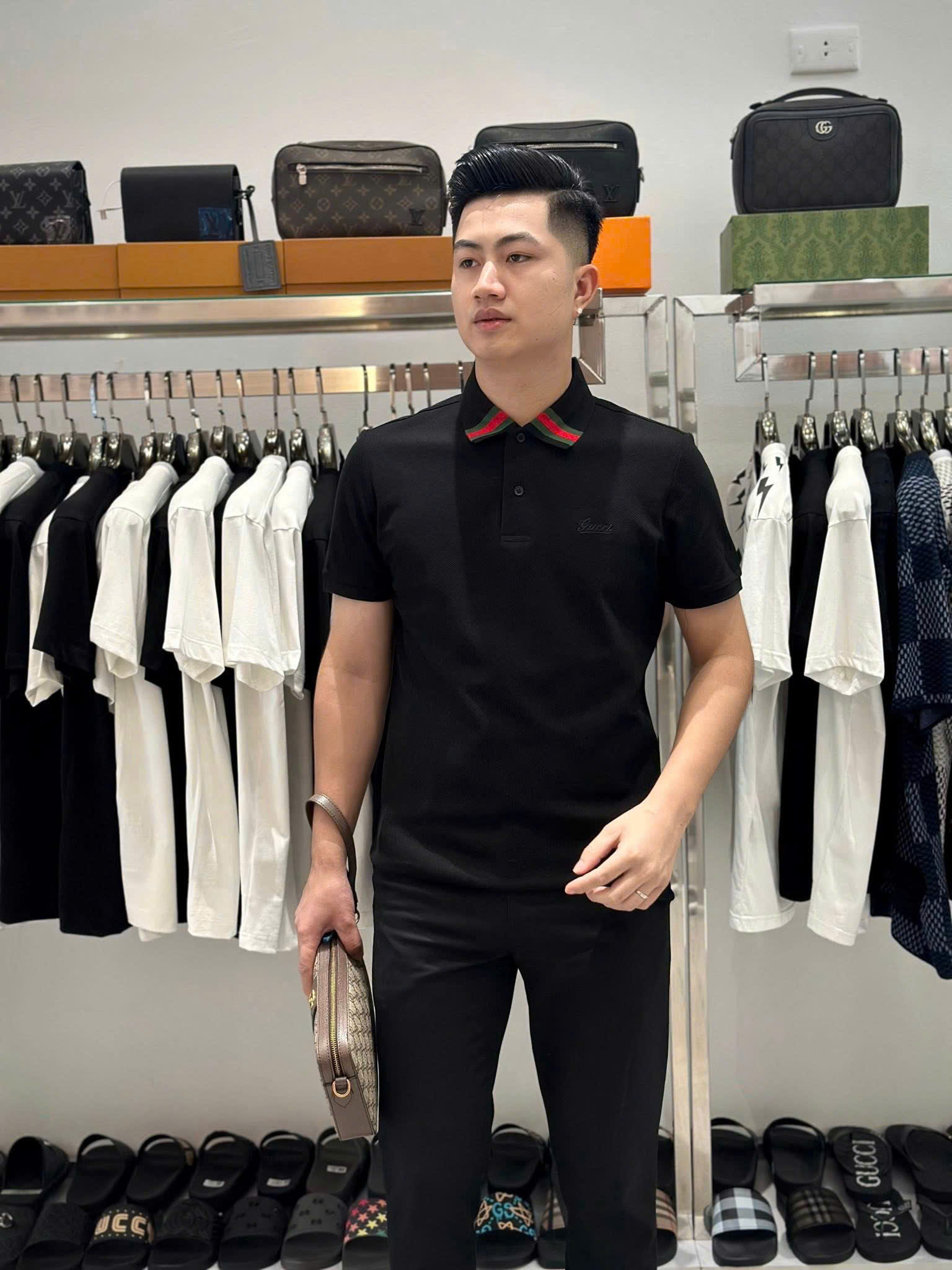 Áo polo Gucci GC trơn phối kẻ sọc Xanh Đỏ cổ Like Auth 1-1 on web MK