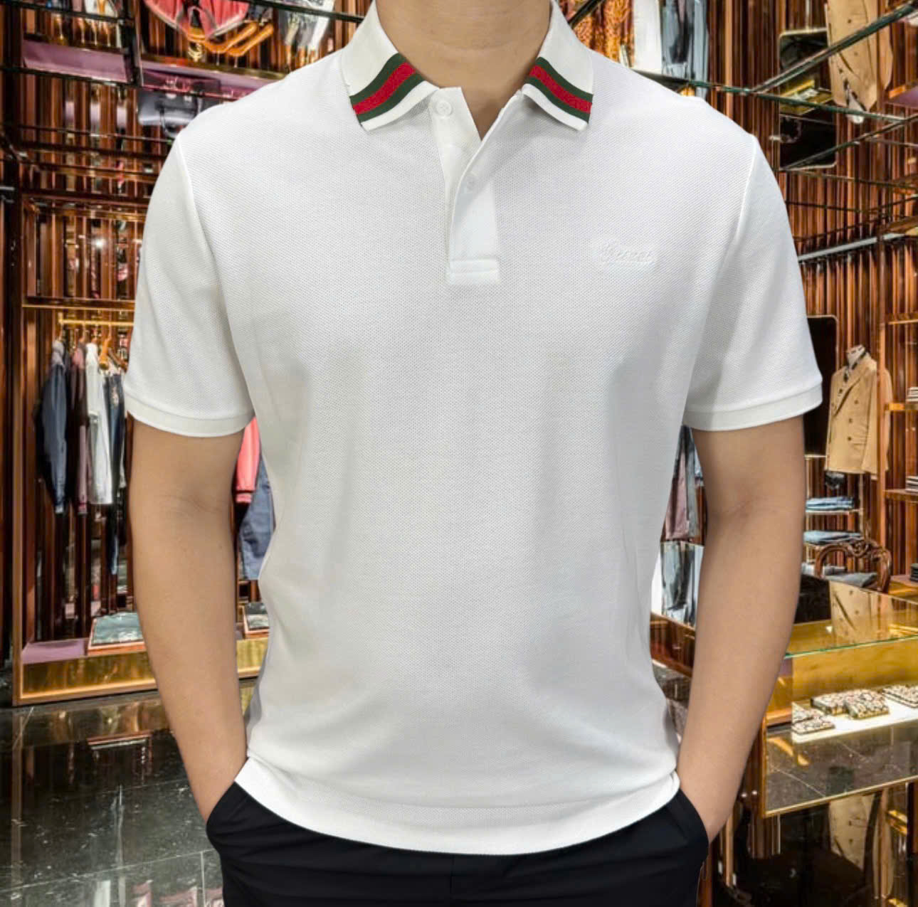 Áo polo Gucci GC trơn phối kẻ sọc Xanh Đỏ cổ Like Auth 1-1 on web MK