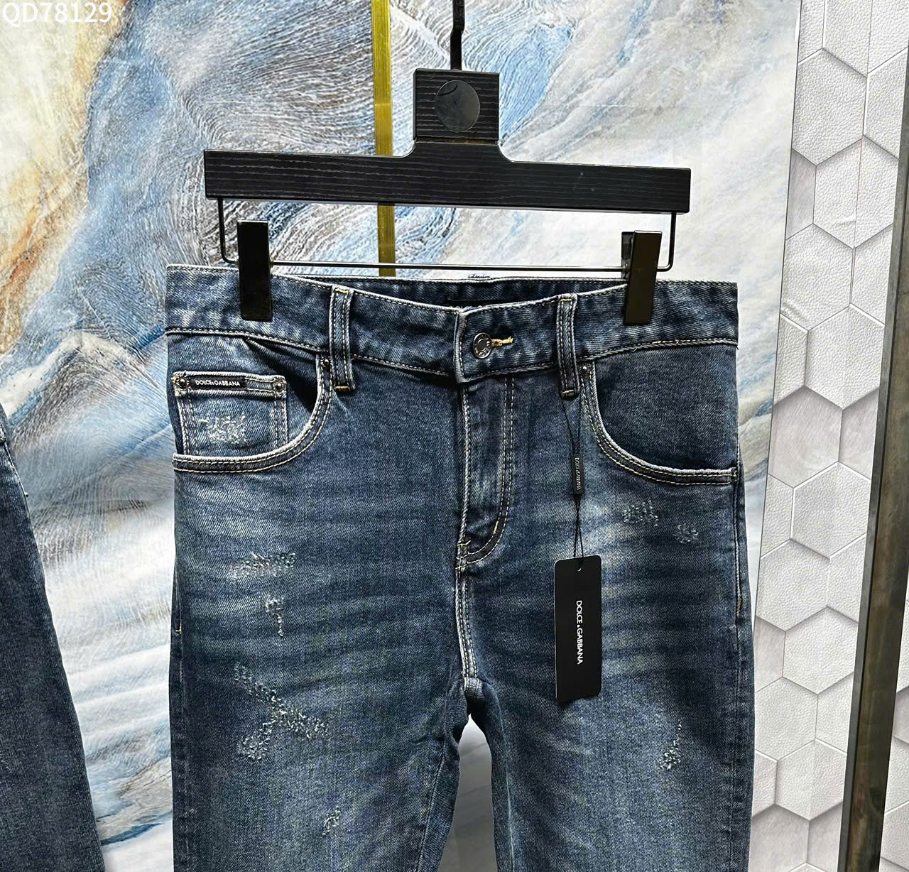Quần Jean Dolce Gabbana DG Xanh họa tiết vương miện Trắng túi sau Like Auth on web LK