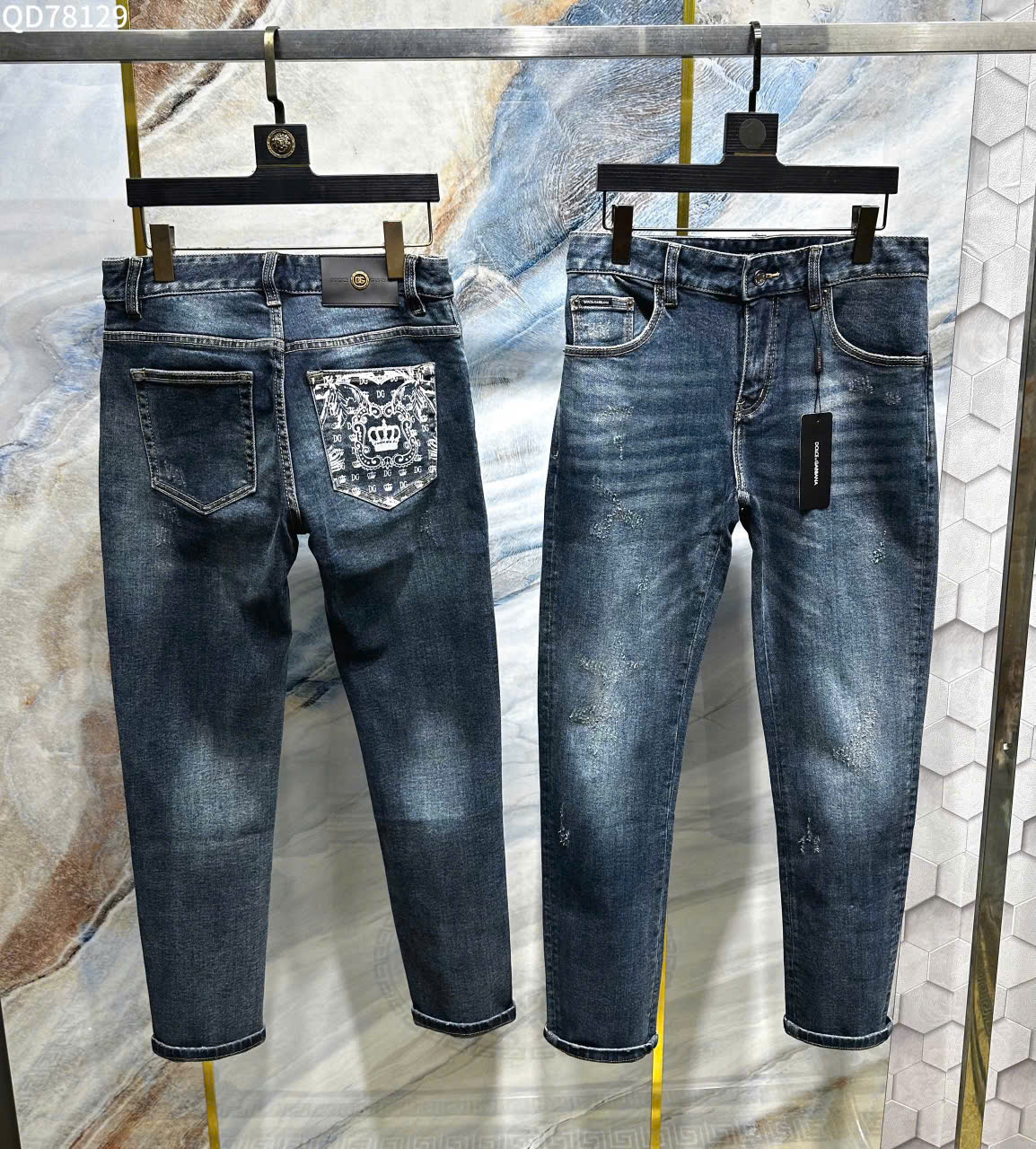 Quần Jean Dolce Gabbana DG Xanh họa tiết vương miện Trắng túi sau Like Auth on web LK