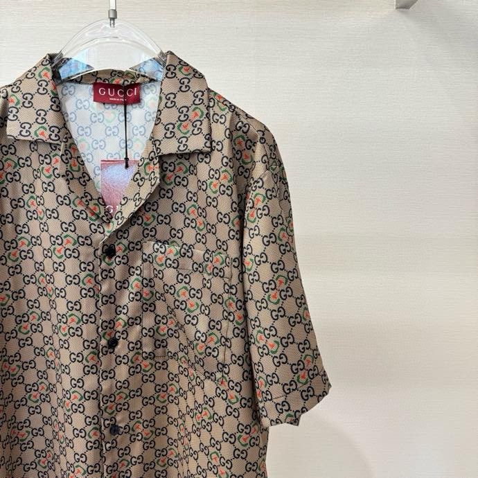 Áo sơ mi lụa cộc tay Gucci GC Nâu họa tiết monogram full Like Auth on web VTN