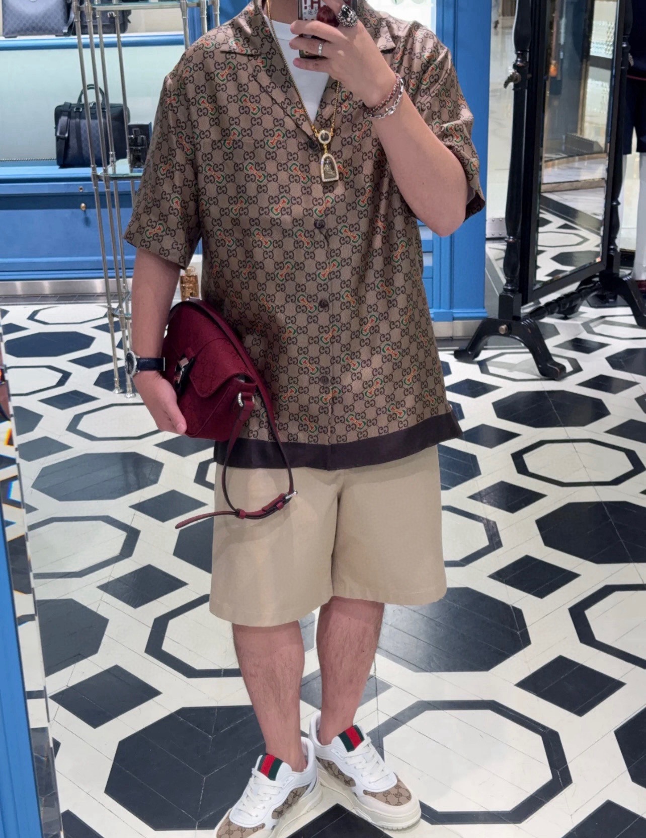 Áo sơ mi lụa cộc tay Gucci GC Nâu họa tiết monogram full Like Auth on web VTN
