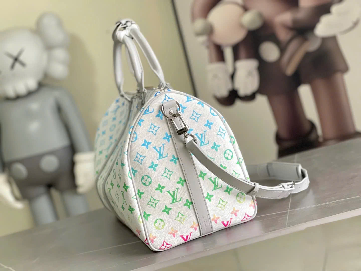 Túi trống du lịch Louis Vuitton LV TRắng họa tiết hoa vân màu sắc size 50cm Like Auth Fullbox phụ kiện PLD