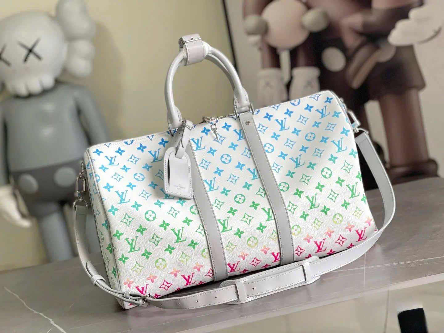 Túi trống du lịch Louis Vuitton LV TRắng họa tiết hoa vân màu sắc size 50cm Like Auth Fullbox phụ kiện PLD