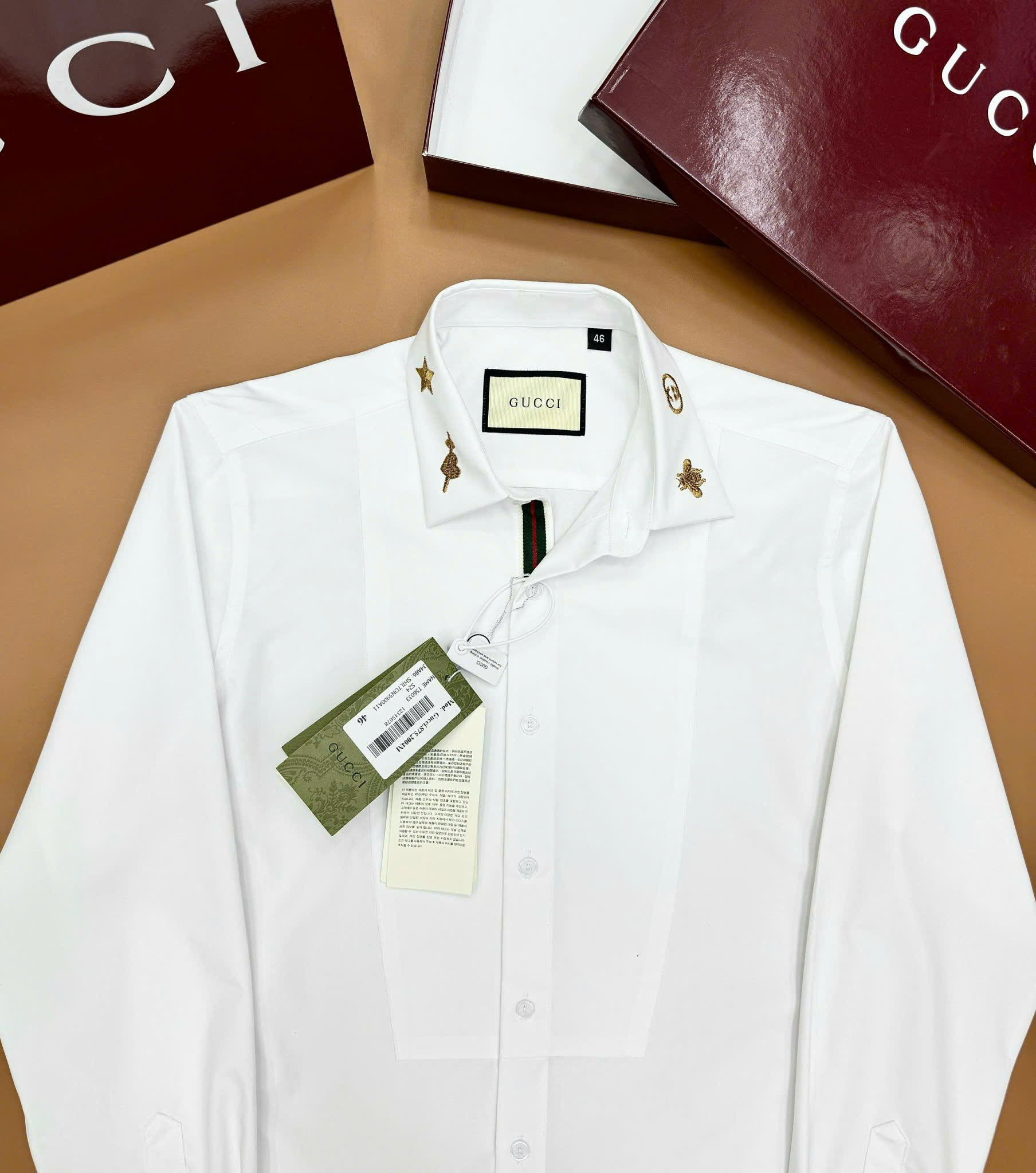 Áo sơ mi dài tay Gucci GC Trắng logo thêu cổ kẻ sọc dọc khuy Like Auth on web CD