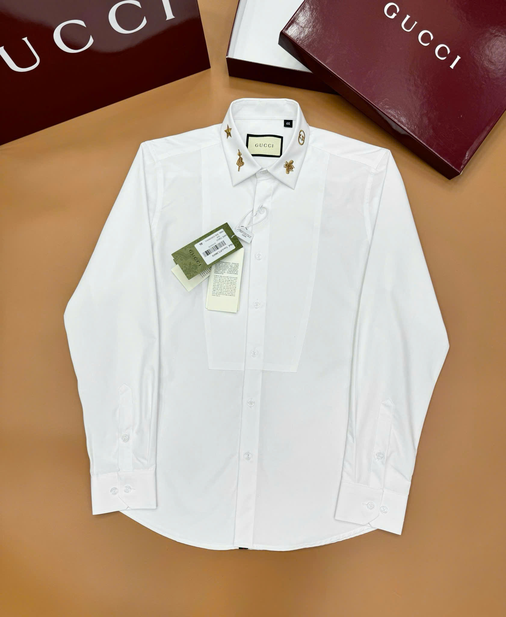 Áo sơ mi dài tay Gucci GC Trắng logo thêu cổ kẻ sọc dọc khuy Like Auth on web CD
