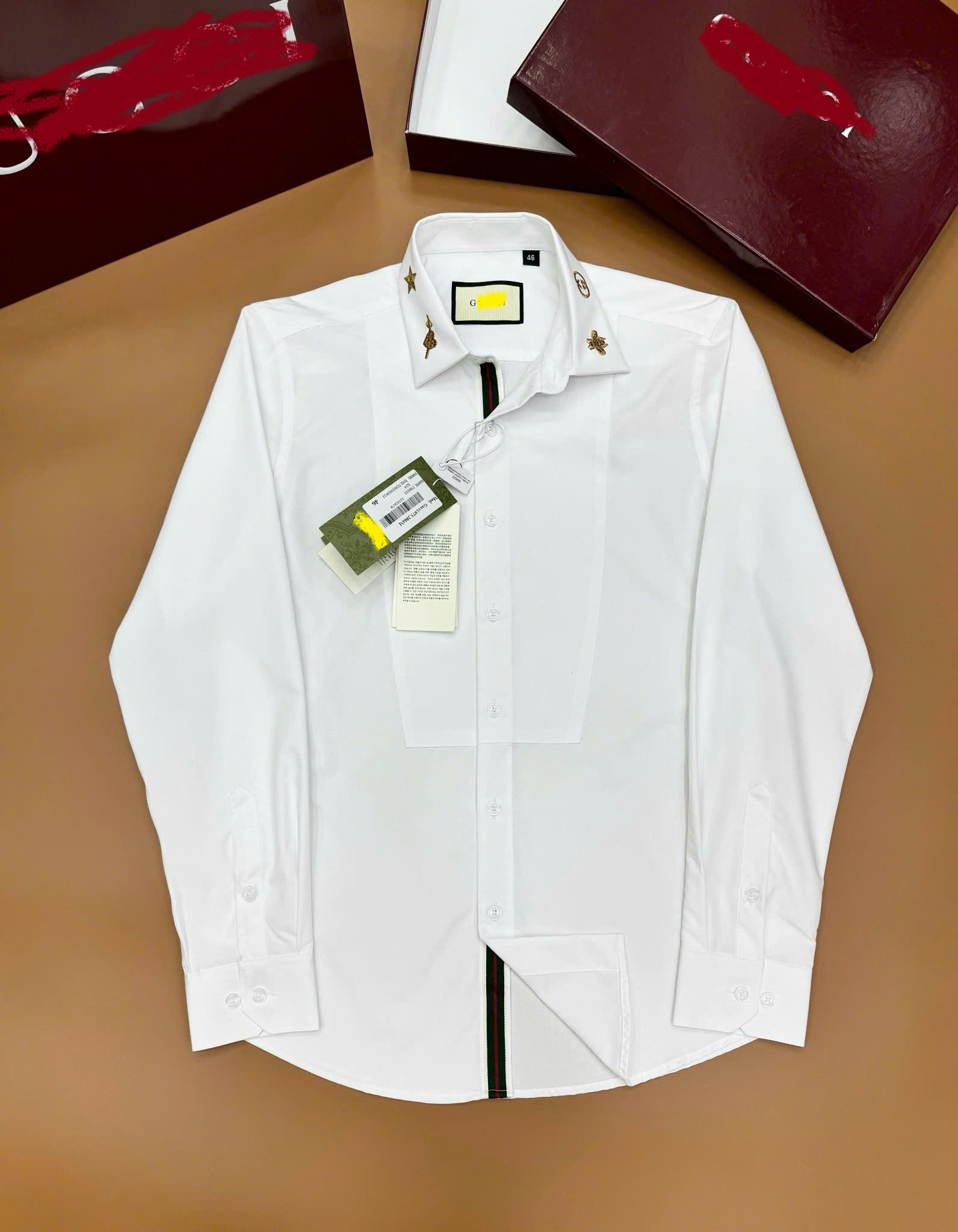Áo sơ mi dài tay Gucci GC Trắng logo thêu cổ kẻ sọc dọc khuy Like Auth on web CD