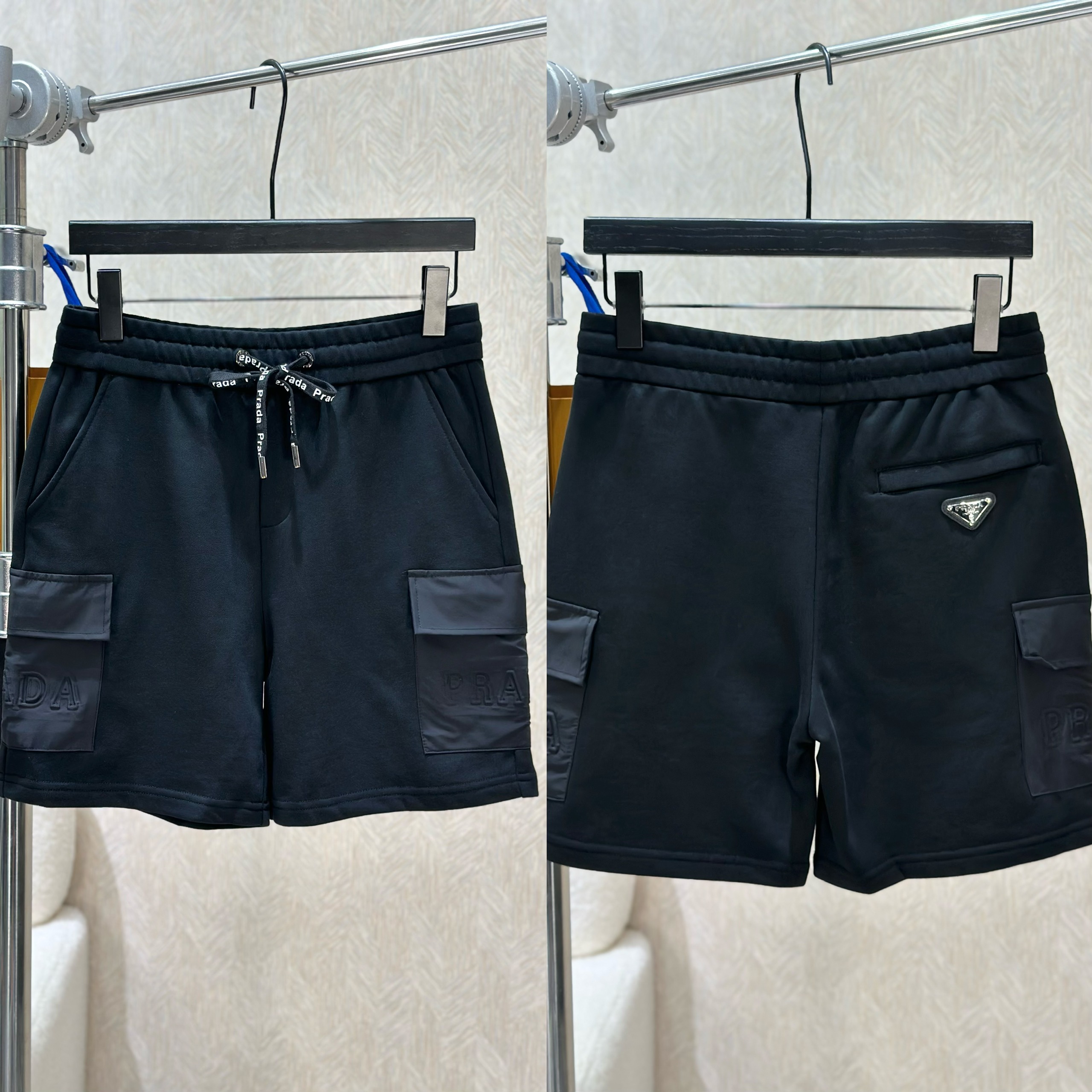 Quần short nỉ Prada P Đen túi hộp logo chữ dập nổi Like Auth 1-1 on web VTN