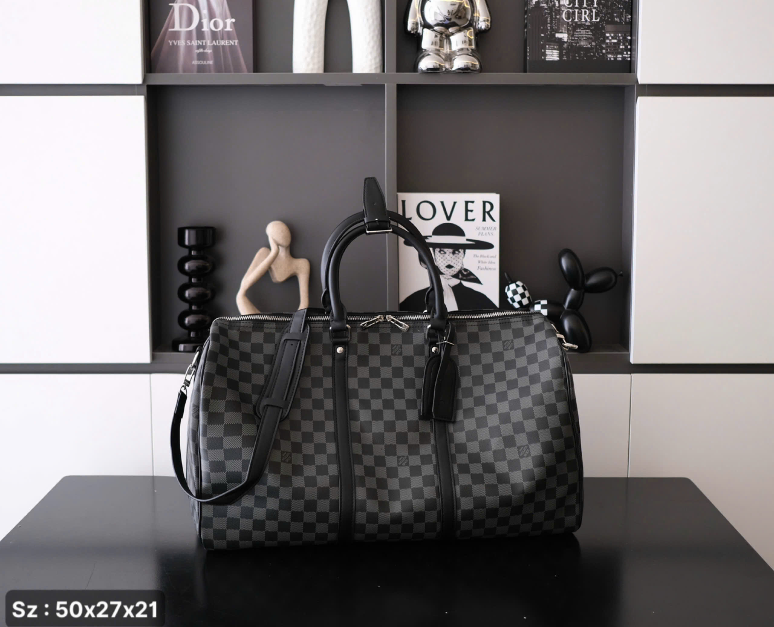 Túi trống du lịch Louis Vuitton LV Đen họa tiết caro Xám Like Auth Fullbox phụ kiện DDT