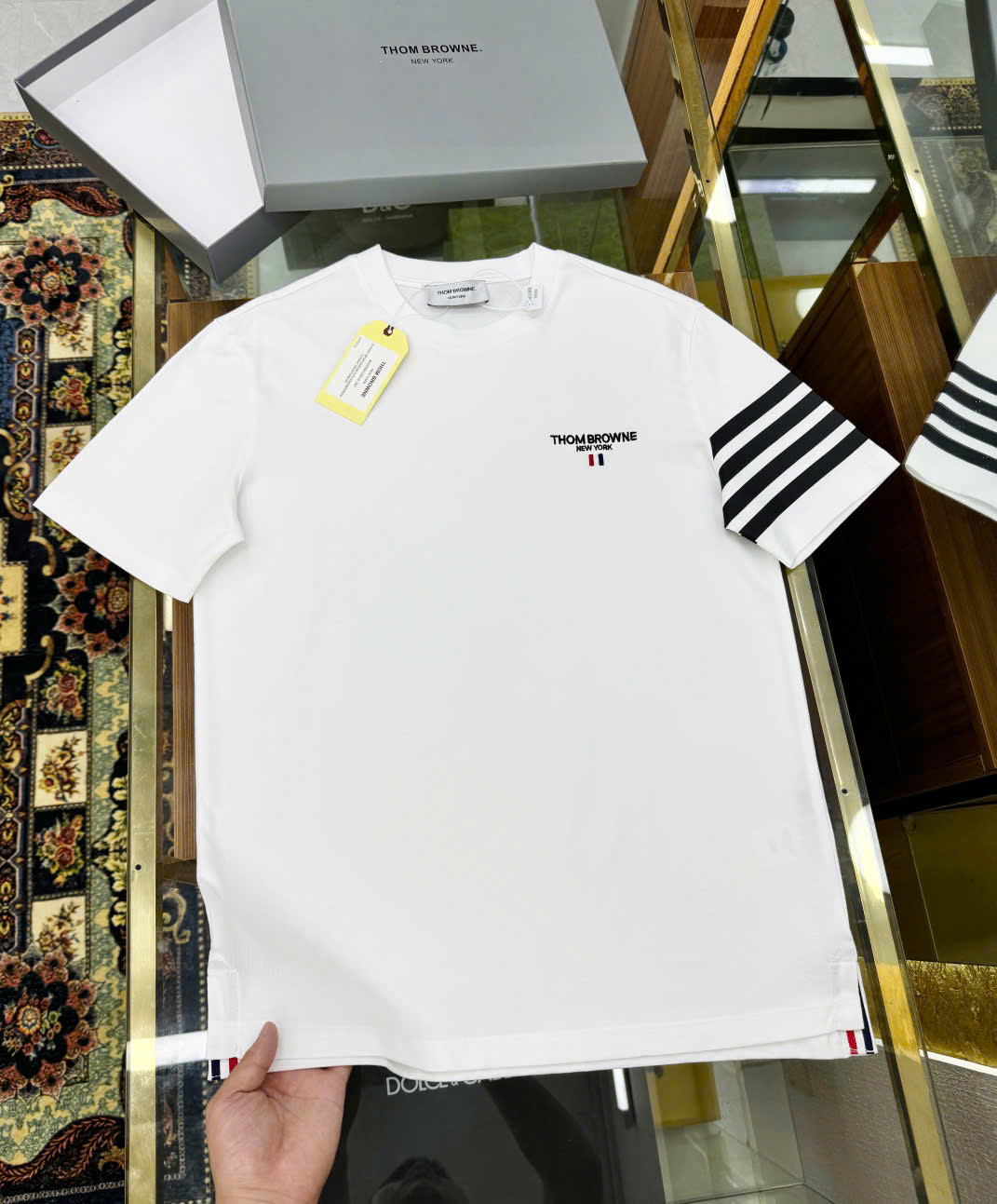 Áo phông T-shirt Thom Browne TB logo thêu ngực kẻ sọc tay Like Auth on web LK