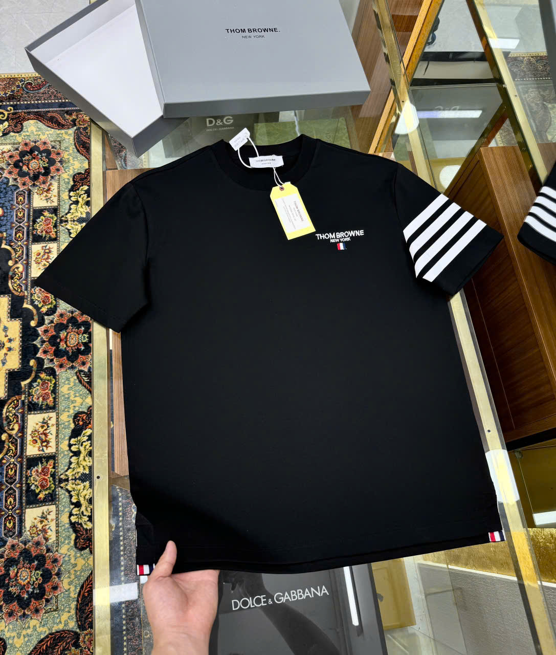 Áo phông T-shirt Thom Browne TB logo thêu ngực kẻ sọc tay Like Auth on web LK