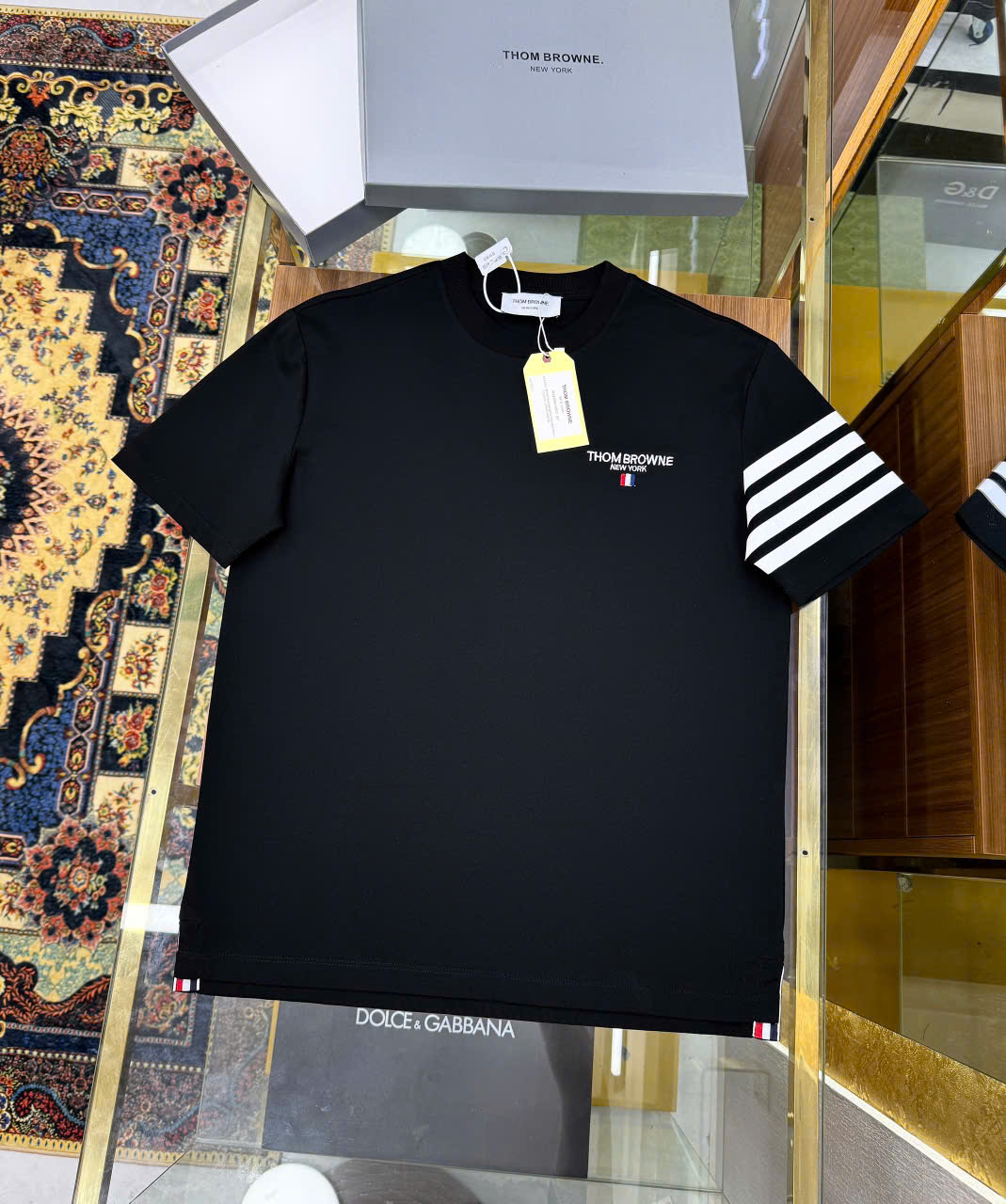 Áo phông T-shirt Thom Browne TB logo thêu ngực kẻ sọc tay Like Auth on web LK