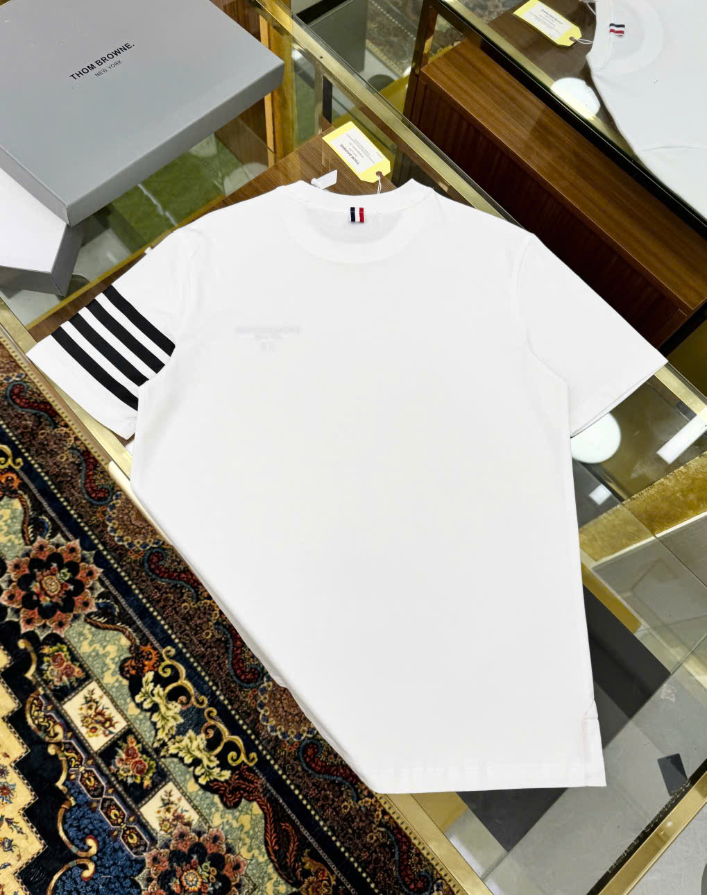 Áo phông T-shirt Thom Browne TB logo thêu ngực kẻ sọc tay Like Auth on web LK