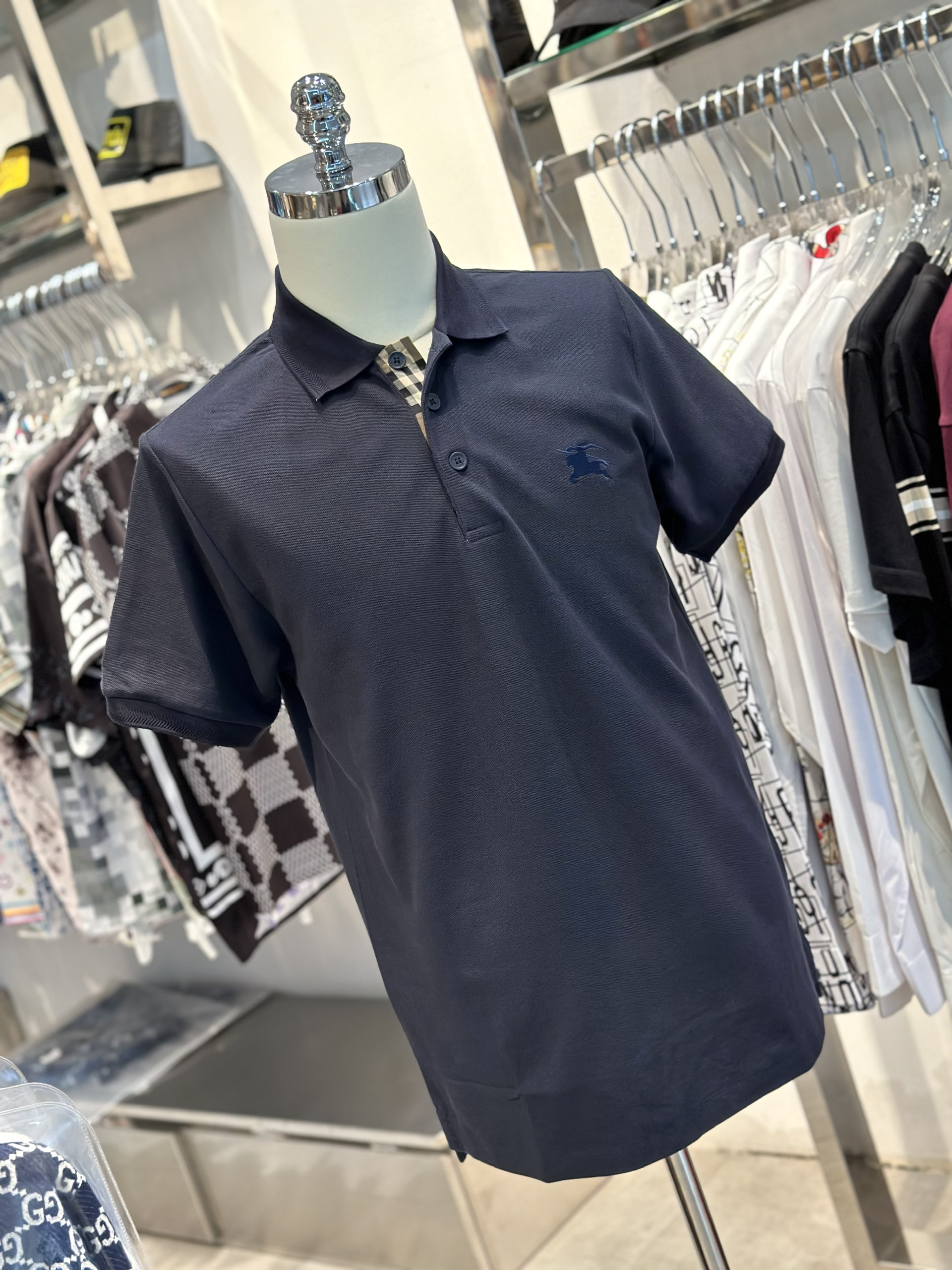 Áo polo Burberry BBR Xanh than logo thêu ngực kẻ sọc dọc khuy Like Auth VTN