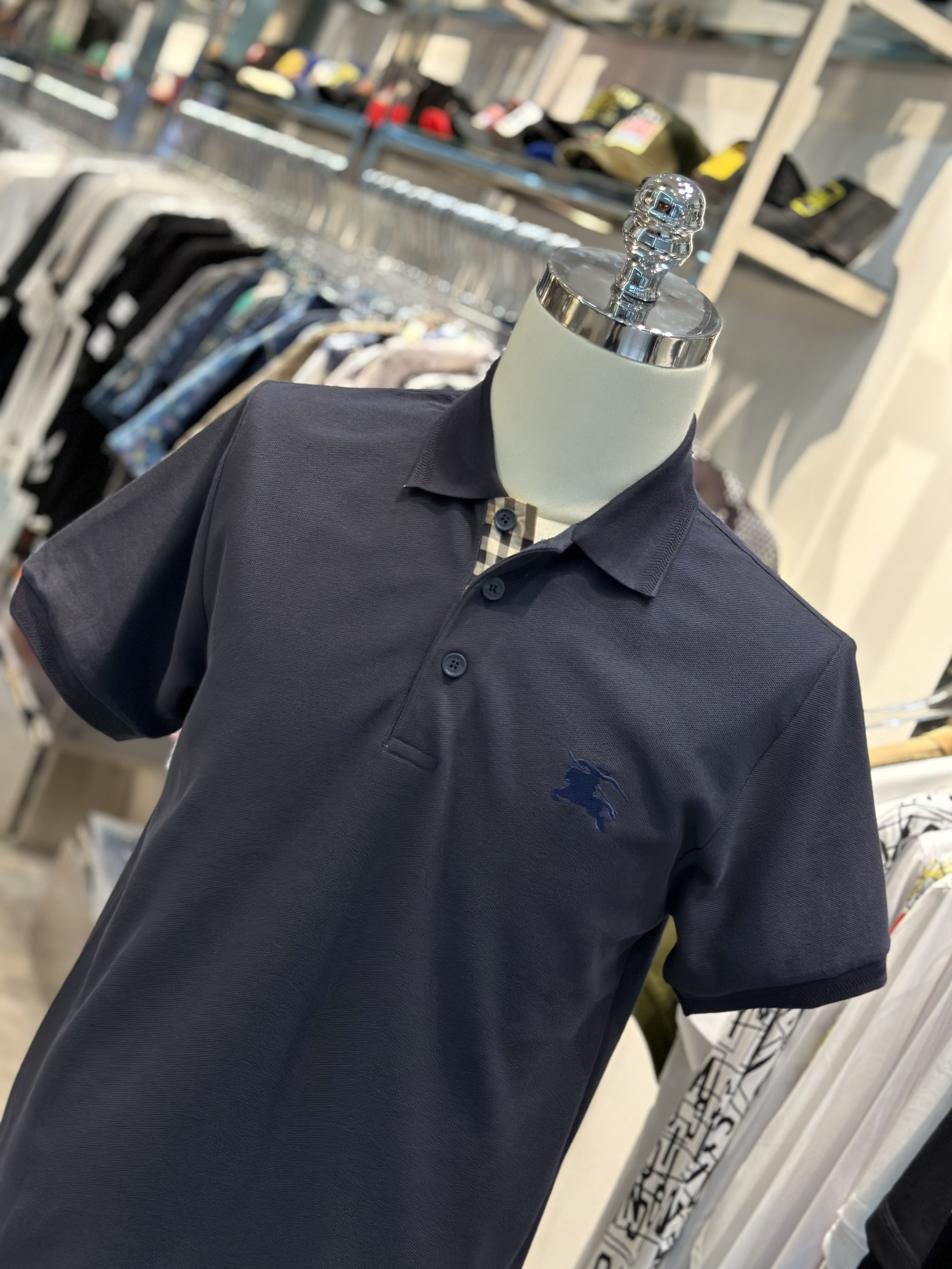 Áo polo Burberry BBR Xanh than logo thêu ngực kẻ sọc dọc khuy Like Auth VTN