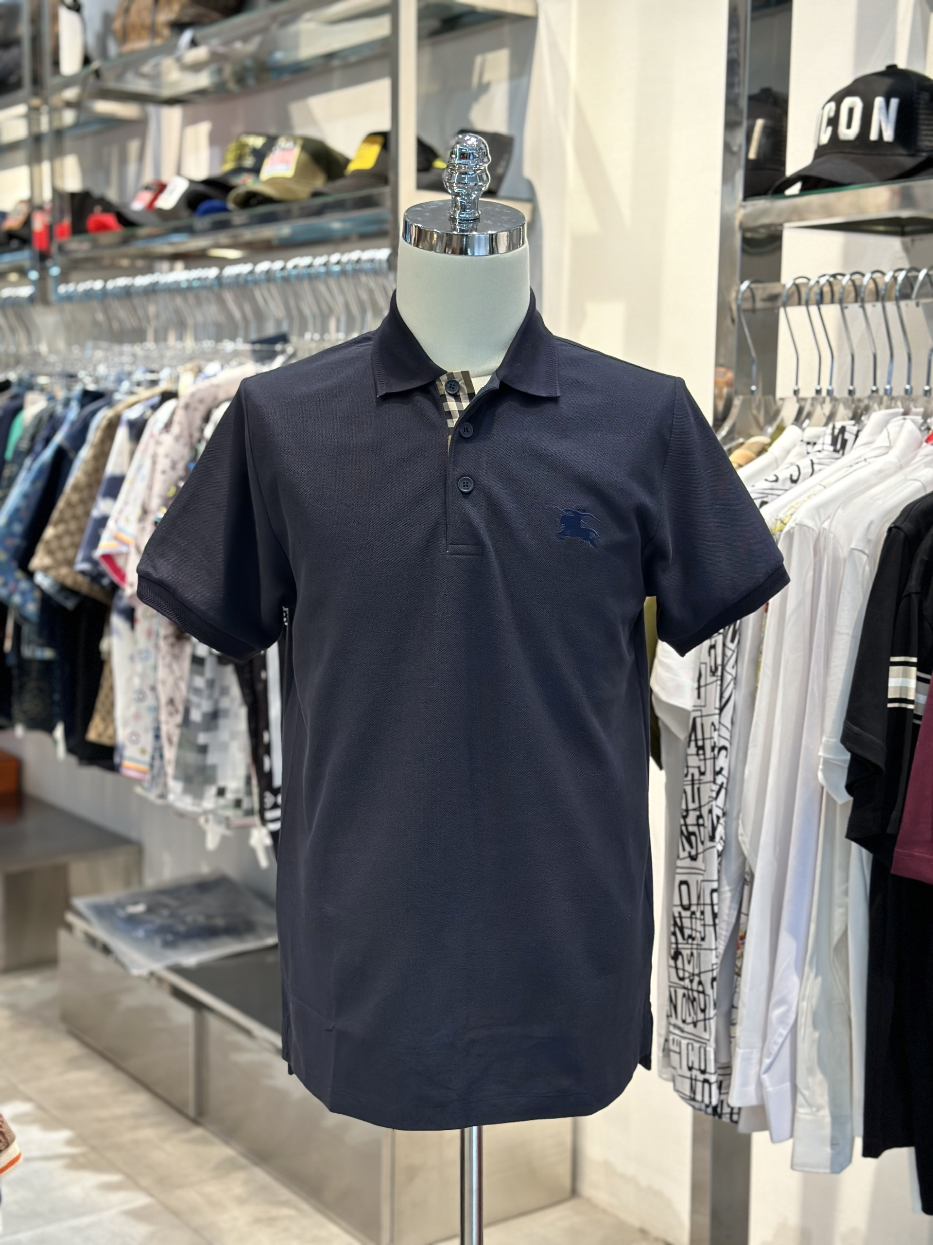 Áo polo Burberry BBR Xanh than logo thêu ngực kẻ sọc dọc khuy Like Auth VTN
