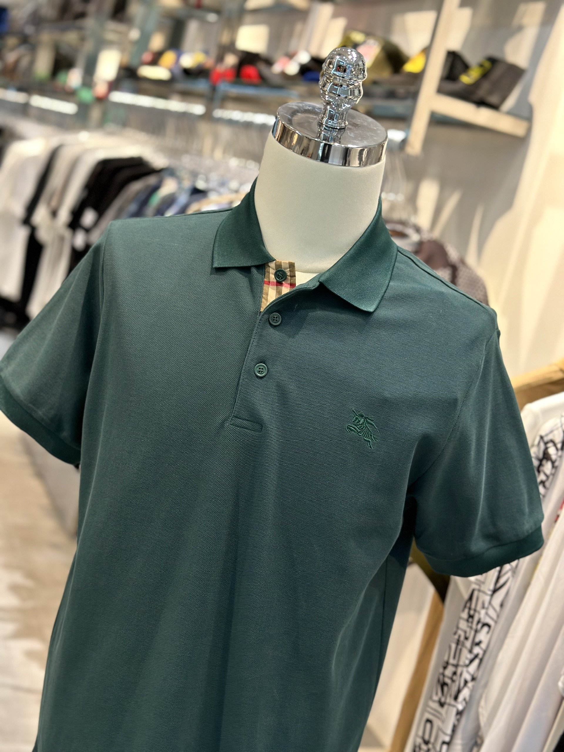 Áo polo Burberry BBR Xanh lá logo thêu ngực kẻ sọc dọc khuy Like Auth VTN