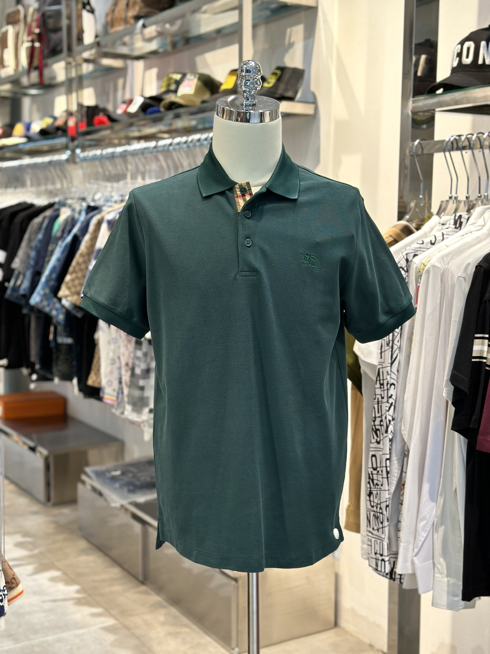 Áo polo Burberry BBR Xanh lá logo thêu ngực kẻ sọc dọc khuy Like Auth VTN