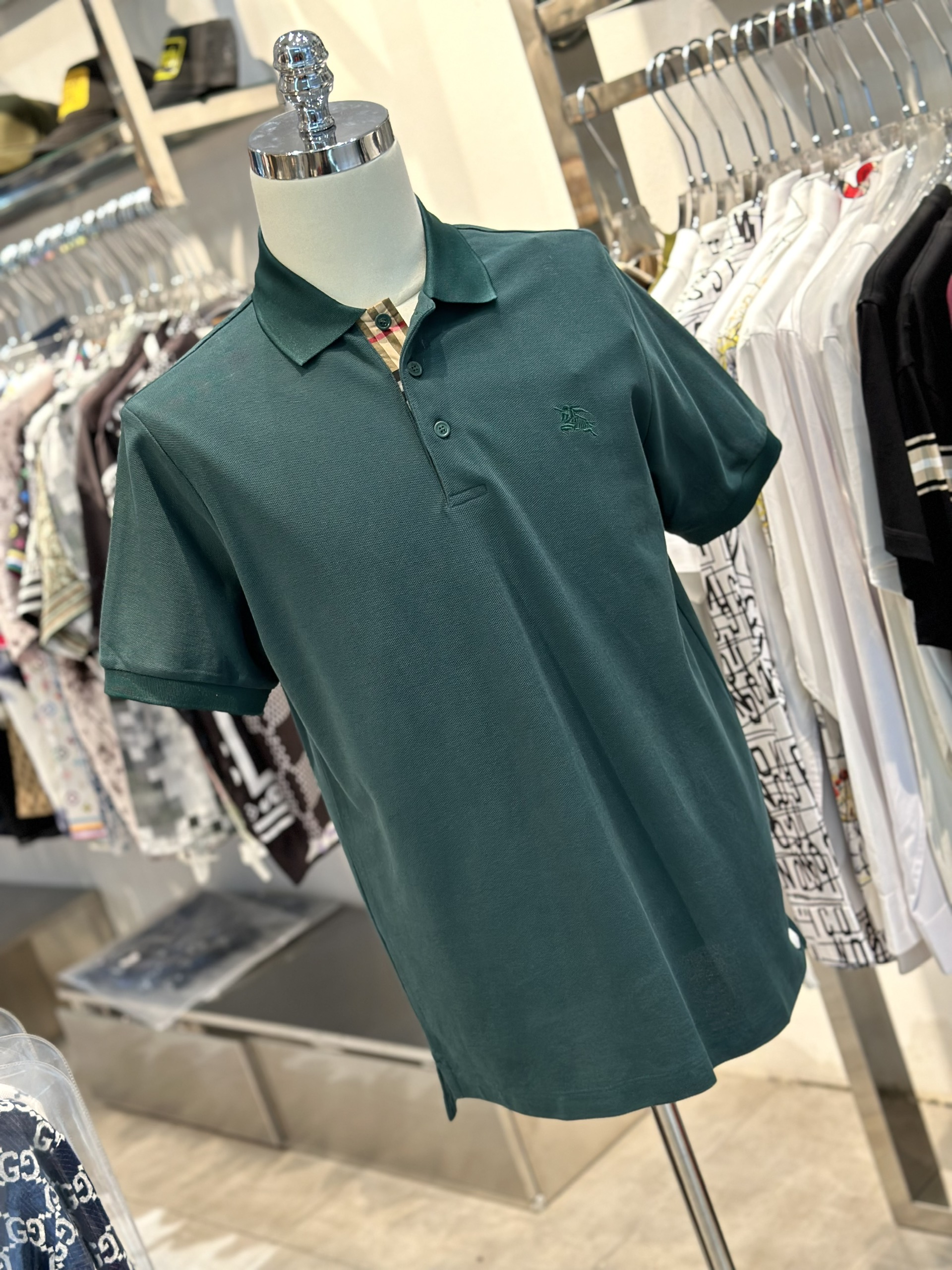 Áo polo Burberry BBR Xanh lá logo thêu ngực kẻ sọc dọc khuy Like Auth VTN