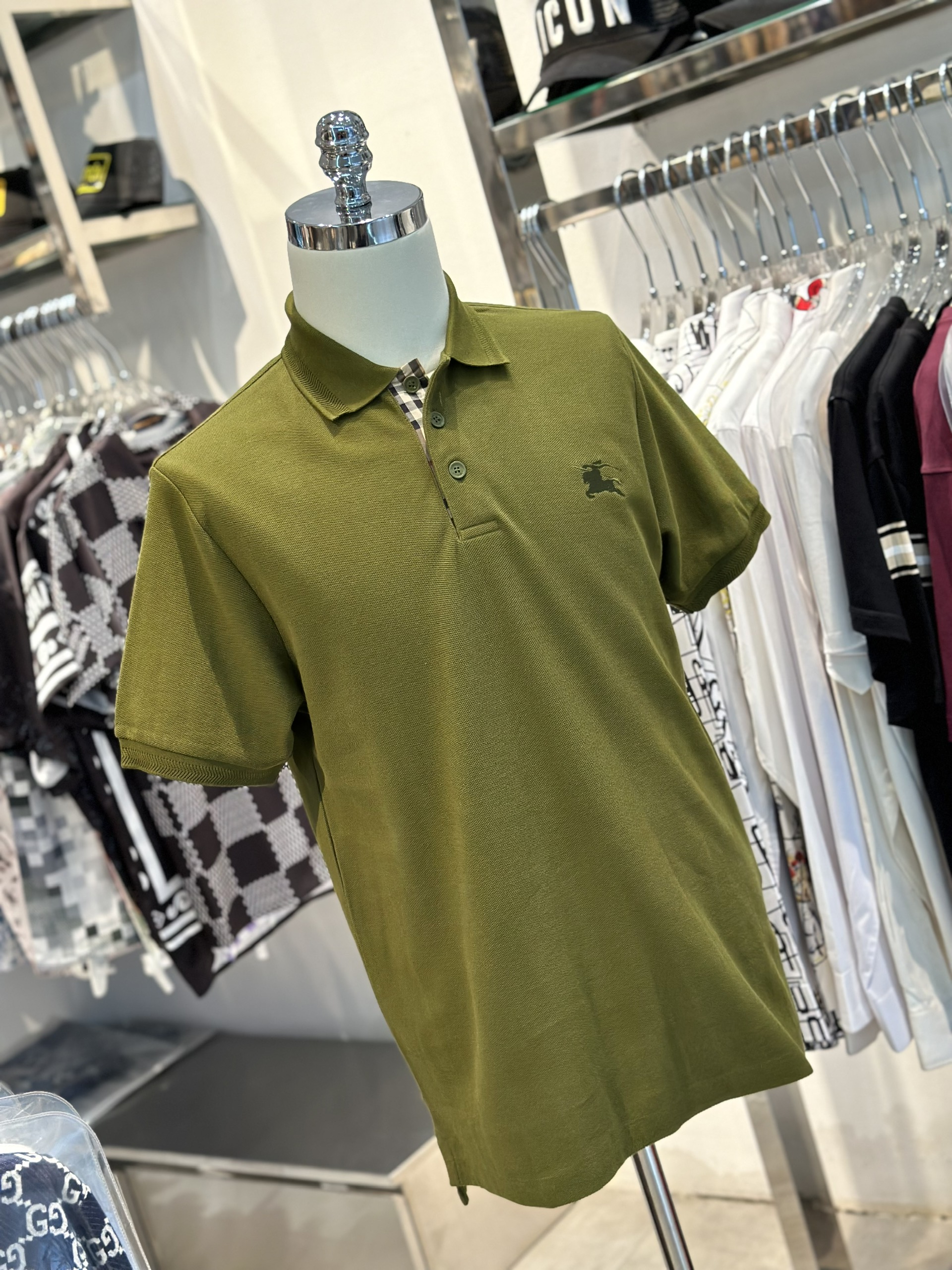 Áo polo Burberry BBR Xanh rêu logo thêu ngực kẻ sọc dọc khuy Like Auth VTN