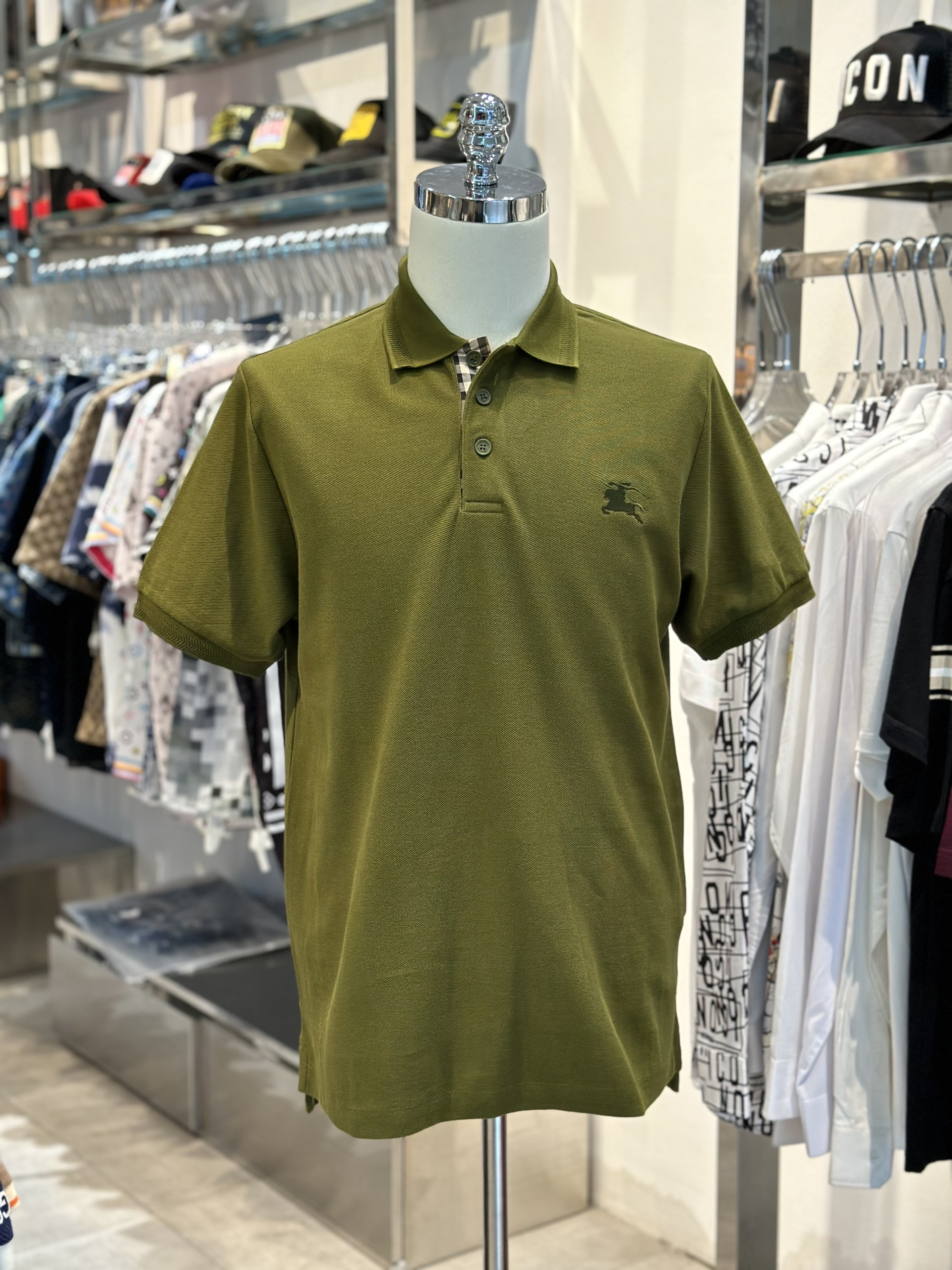 Áo polo Burberry BBR Xanh rêu logo thêu ngực kẻ sọc dọc khuy Like Auth VTN