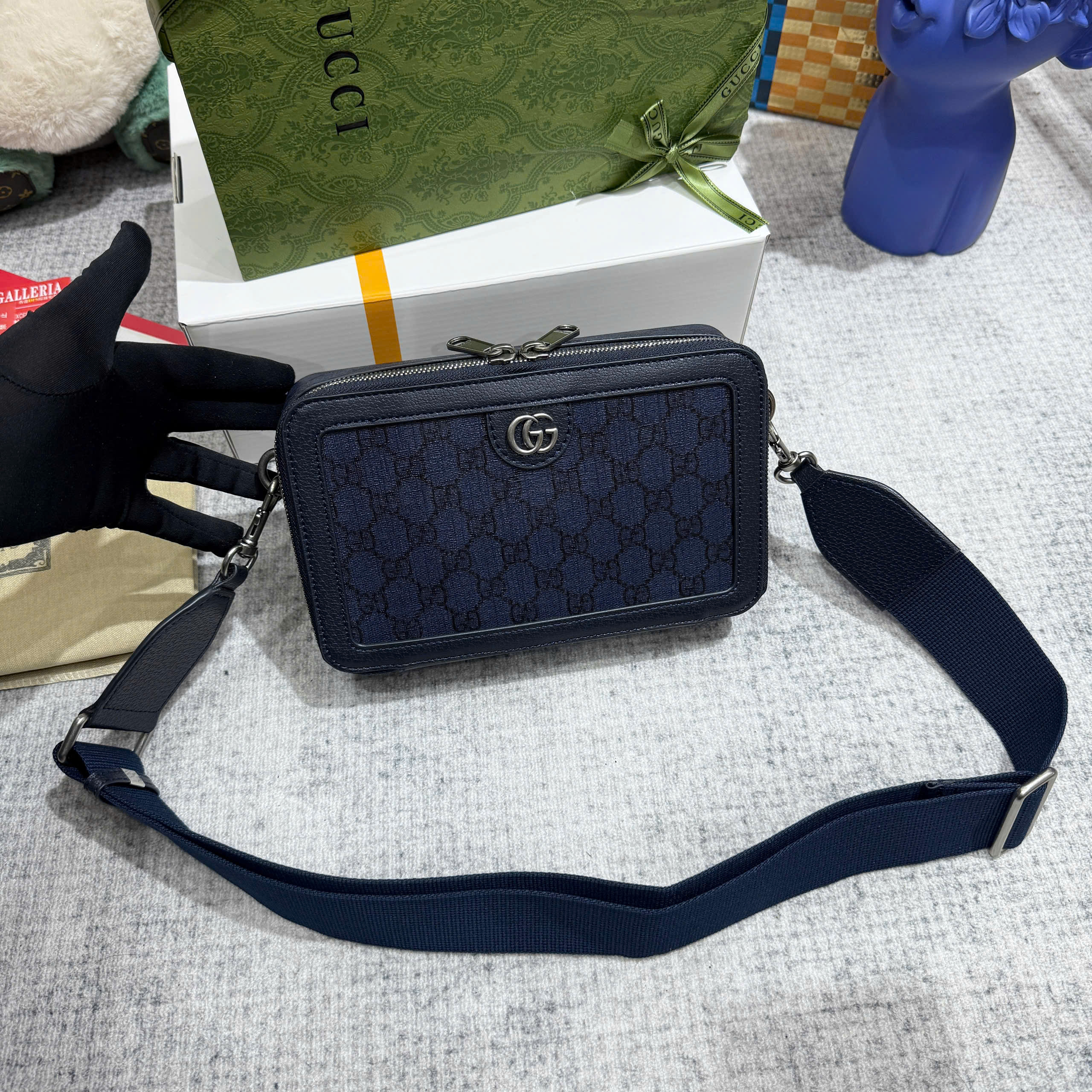 Túi hộp đeo chéo Gucci GC Xanh than họa tiết monogram logo GG size 23x7.5x14.5cm Like Auth on web fullbox bill thẻ PLD