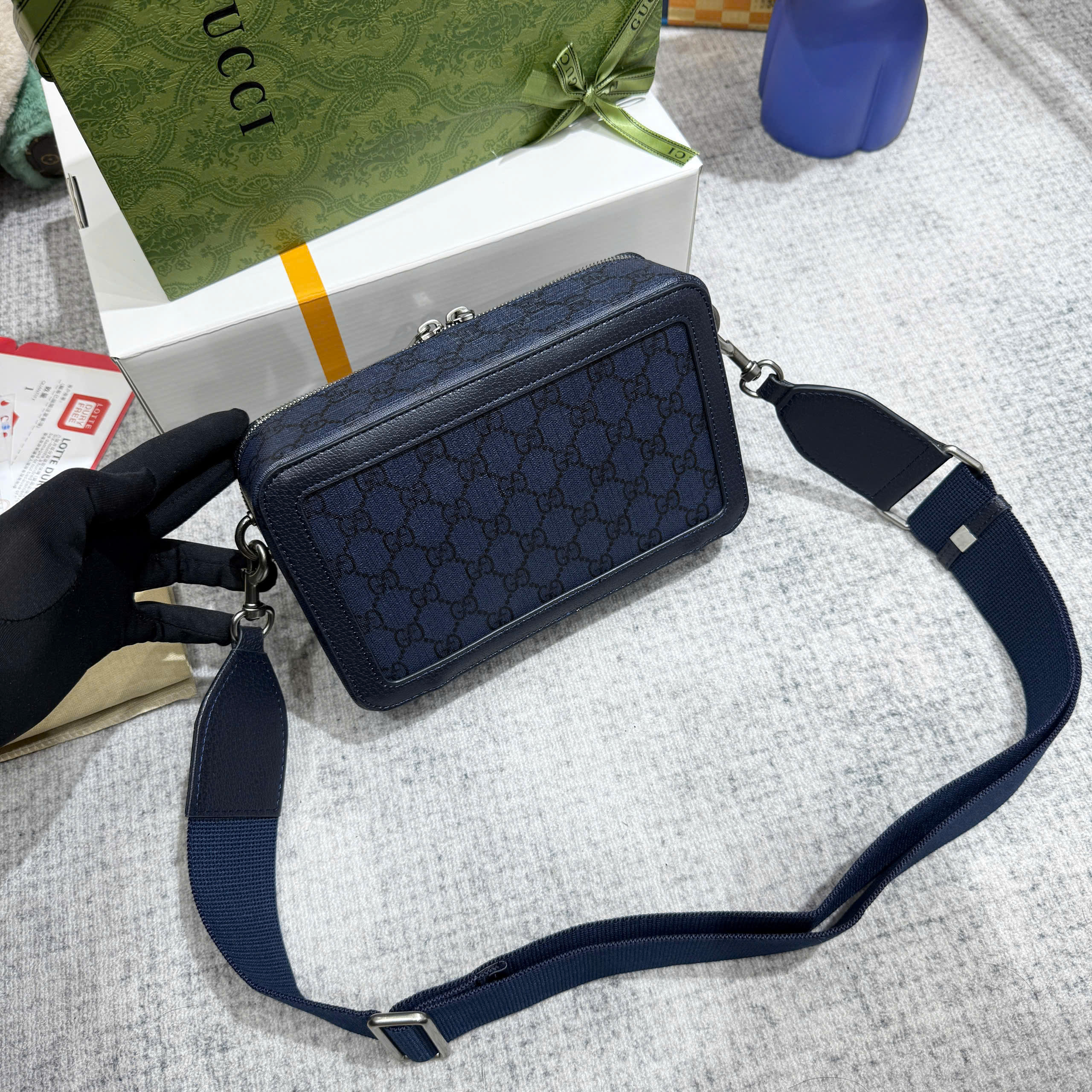 Túi hộp đeo chéo Gucci GC Xanh than họa tiết monogram logo GG size 23x7.5x14.5cm Like Auth on web fullbox bill thẻ PLD