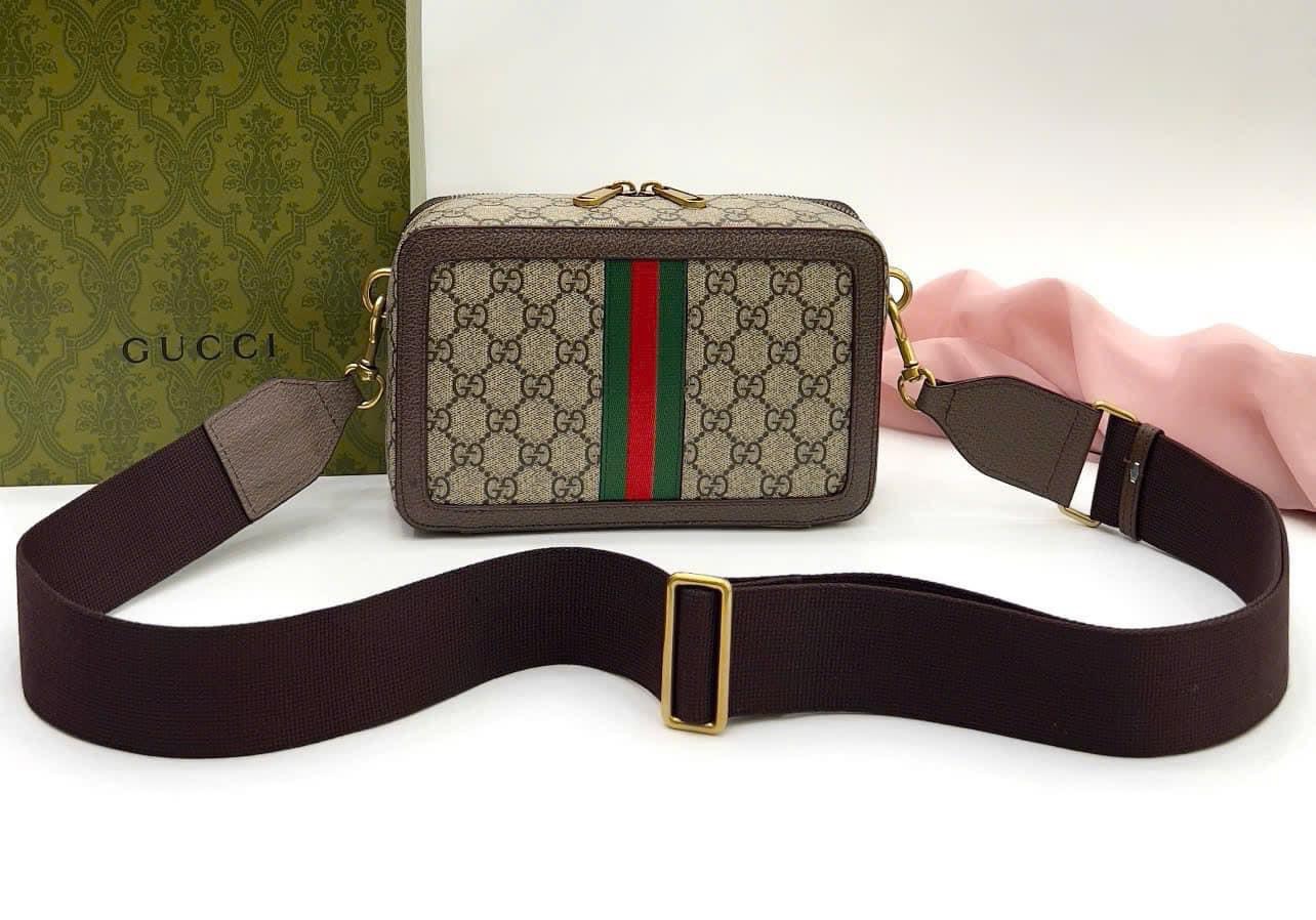 Túi hộp đeo chéo Gucci GC Nâu họa tiết monogram logo GG kẻ sọc Xanh Đỏ size 23x7.5x14.5cm Like Auth on web fullbox bill thẻ PLD