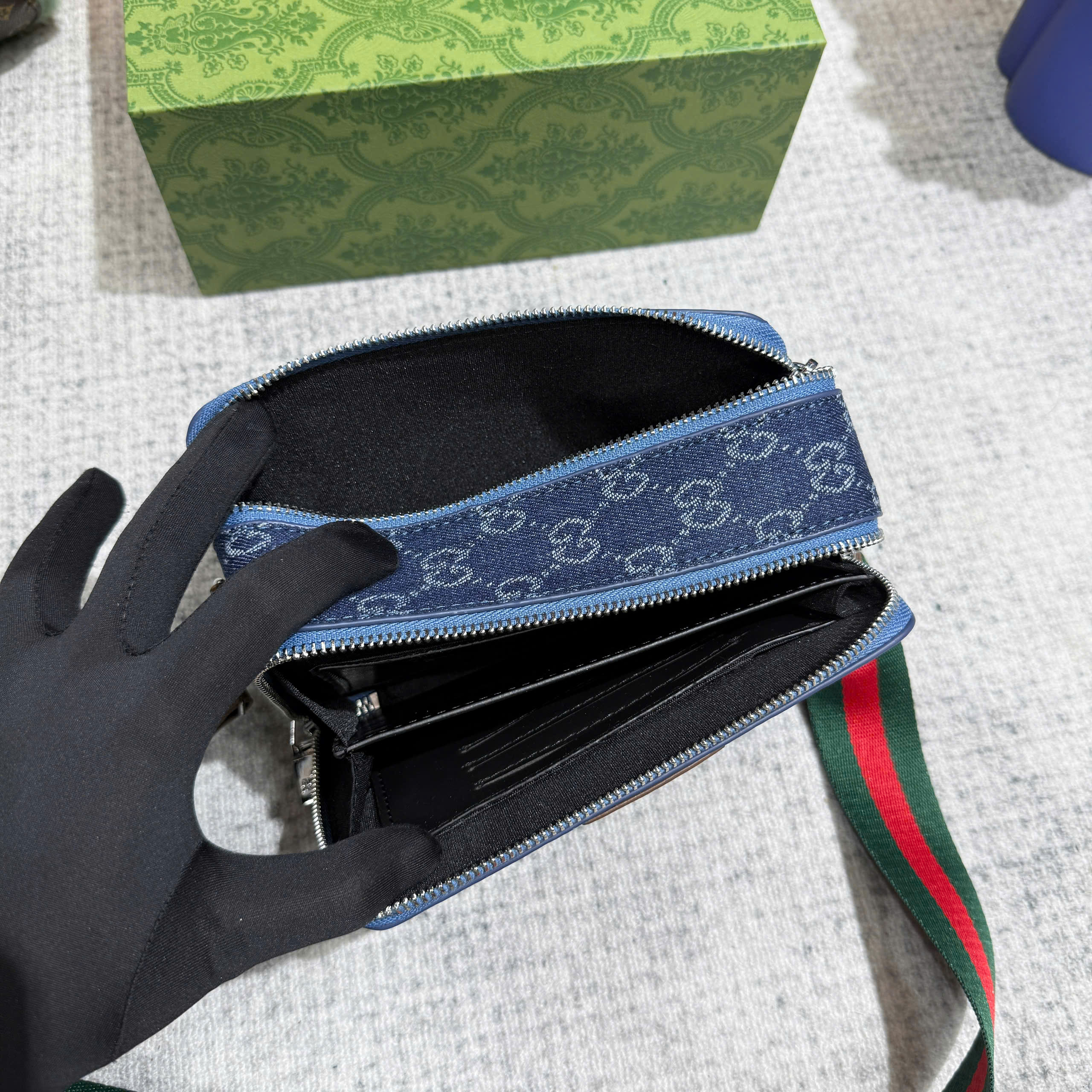 Túi hộp đeo chéo Gucci GC Xanh jean họa tiết monogram logo GG size 18cm Like Auth on web fullbox bill thẻ PLD