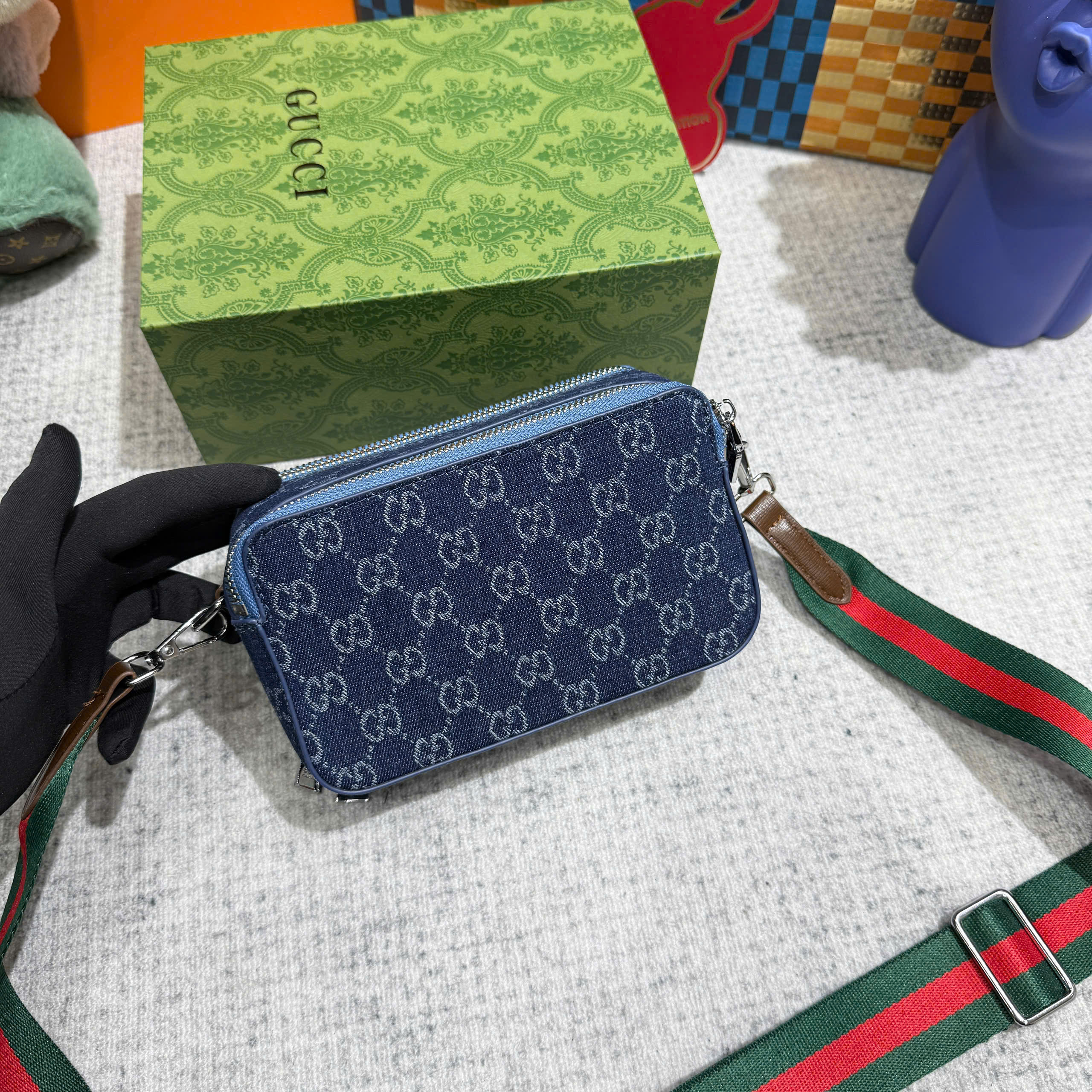 Túi hộp đeo chéo Gucci GC Xanh jean họa tiết monogram logo GG size 18cm Like Auth on web fullbox bill thẻ PLD