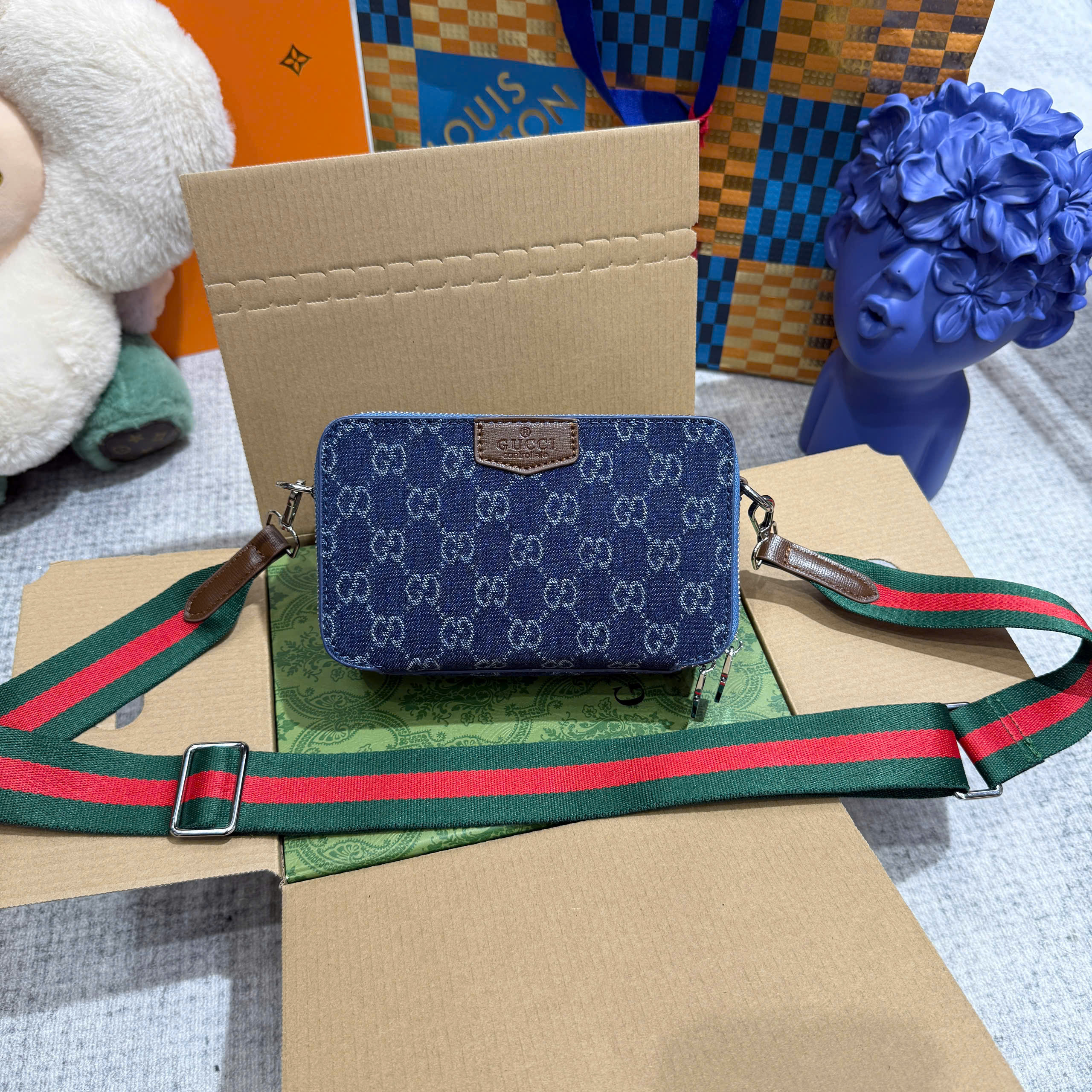 Túi hộp đeo chéo Gucci GC Xanh jean họa tiết monogram logo GG size 18cm Like Auth on web fullbox bill thẻ PLD