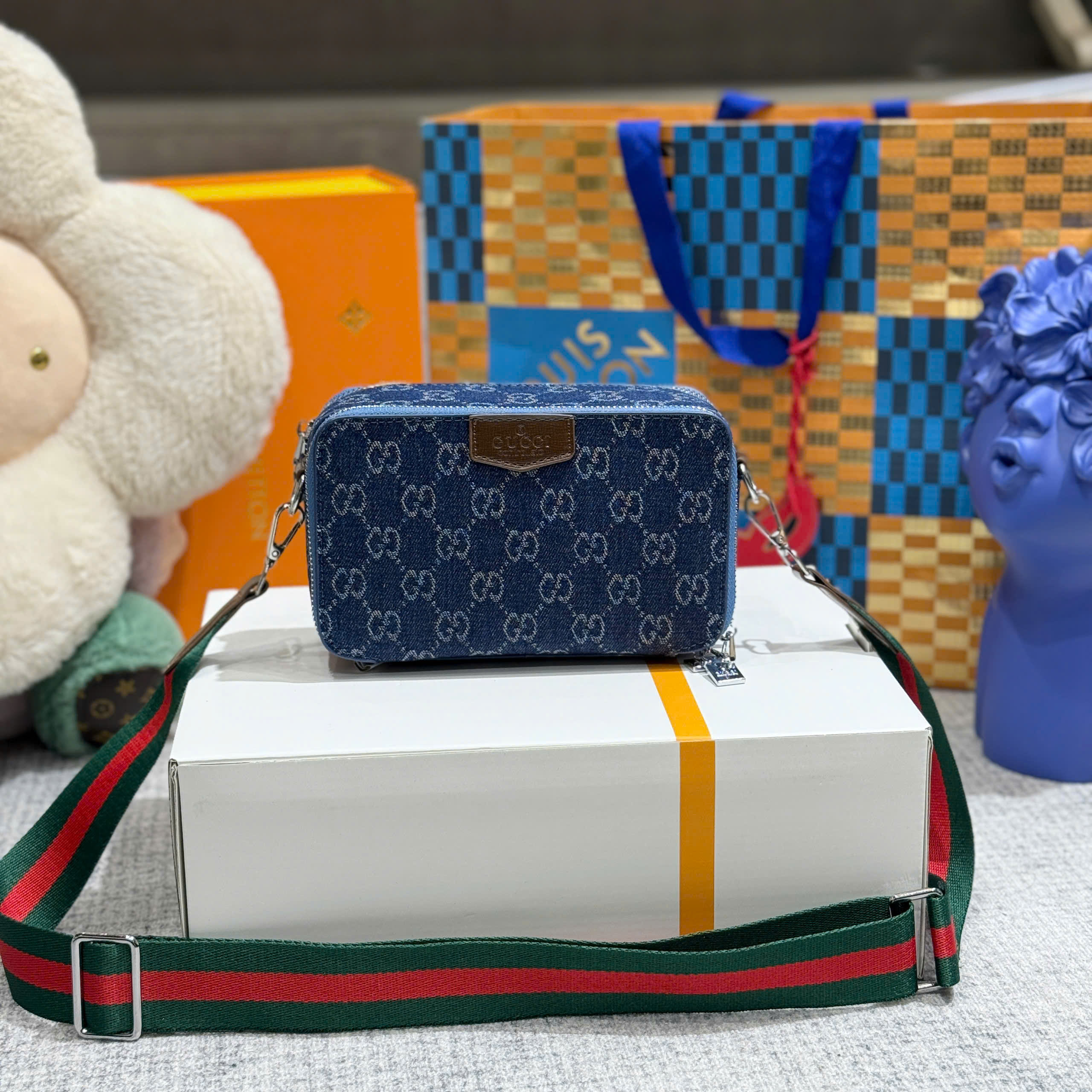 Túi hộp đeo chéo Gucci GC Xanh jean họa tiết monogram logo GG size 18cm Like Auth on web fullbox bill thẻ PLD