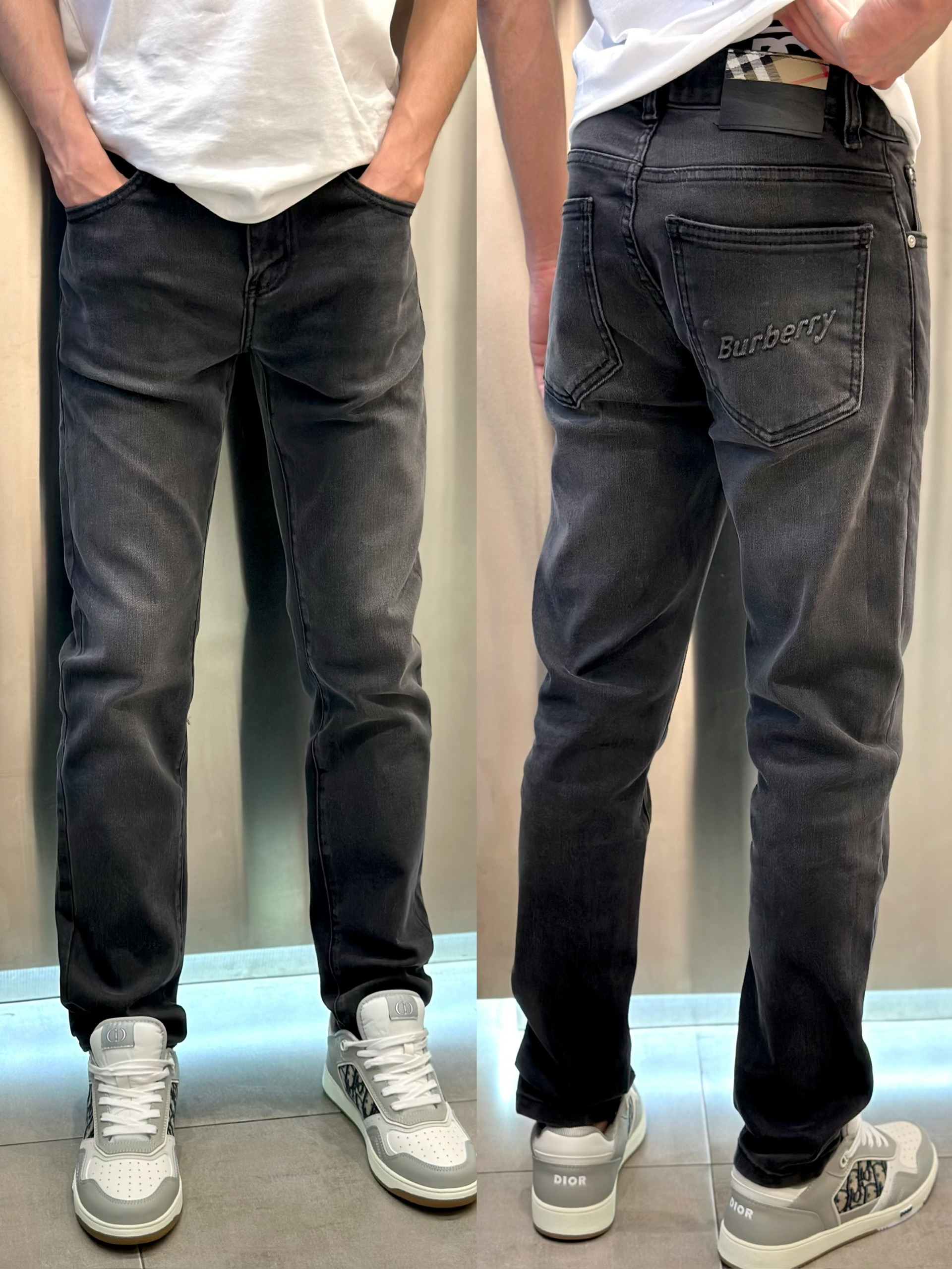 Quần Jean Burberry BBR Xám logo chữ dập nổi túi Like Auth VTN