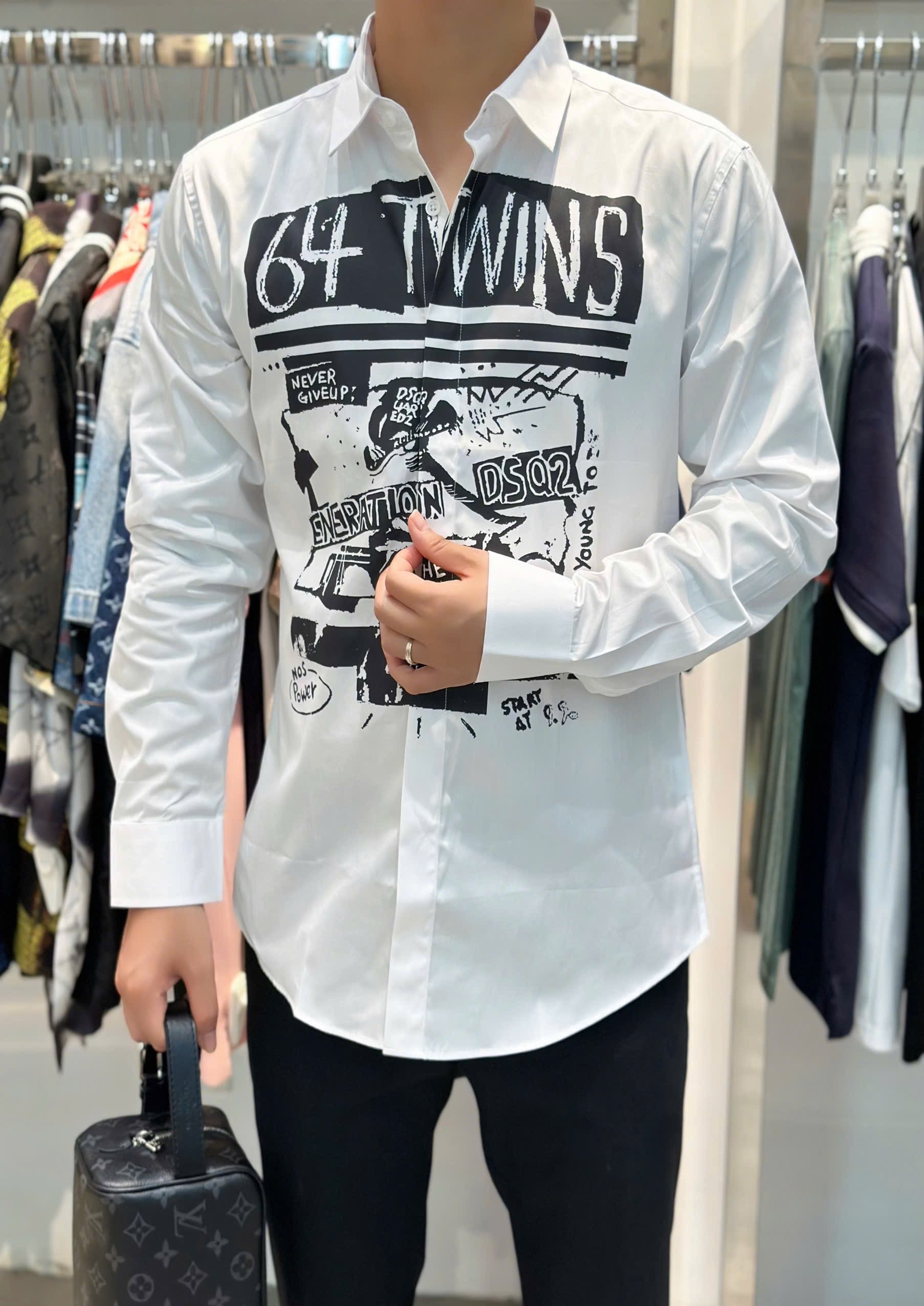 Áo sơ mi dài tay Dsquared2 DSQ2 Trắng họa tiết 64 Twins Like Auth VTN